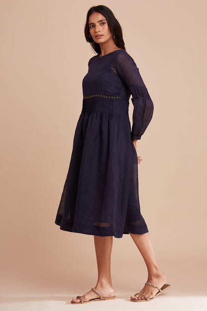 Blue Pleated Linen Dress