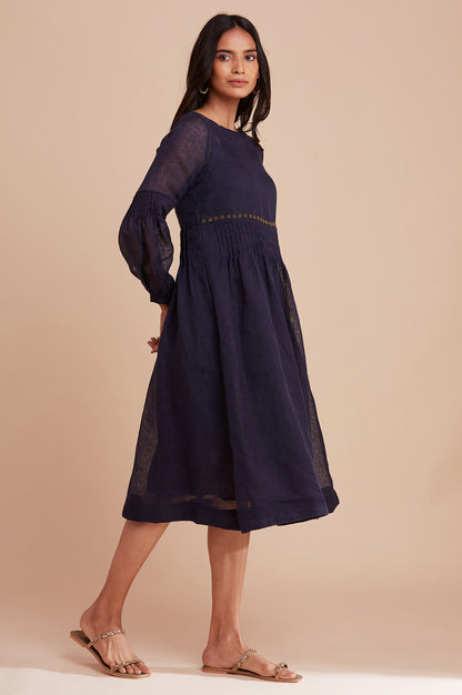 Blue Pleated Linen Dress
