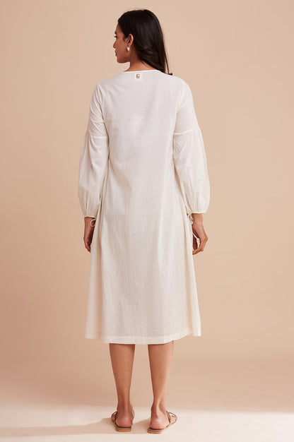 Ecru Mid-Length Embroidered Dress In Voile