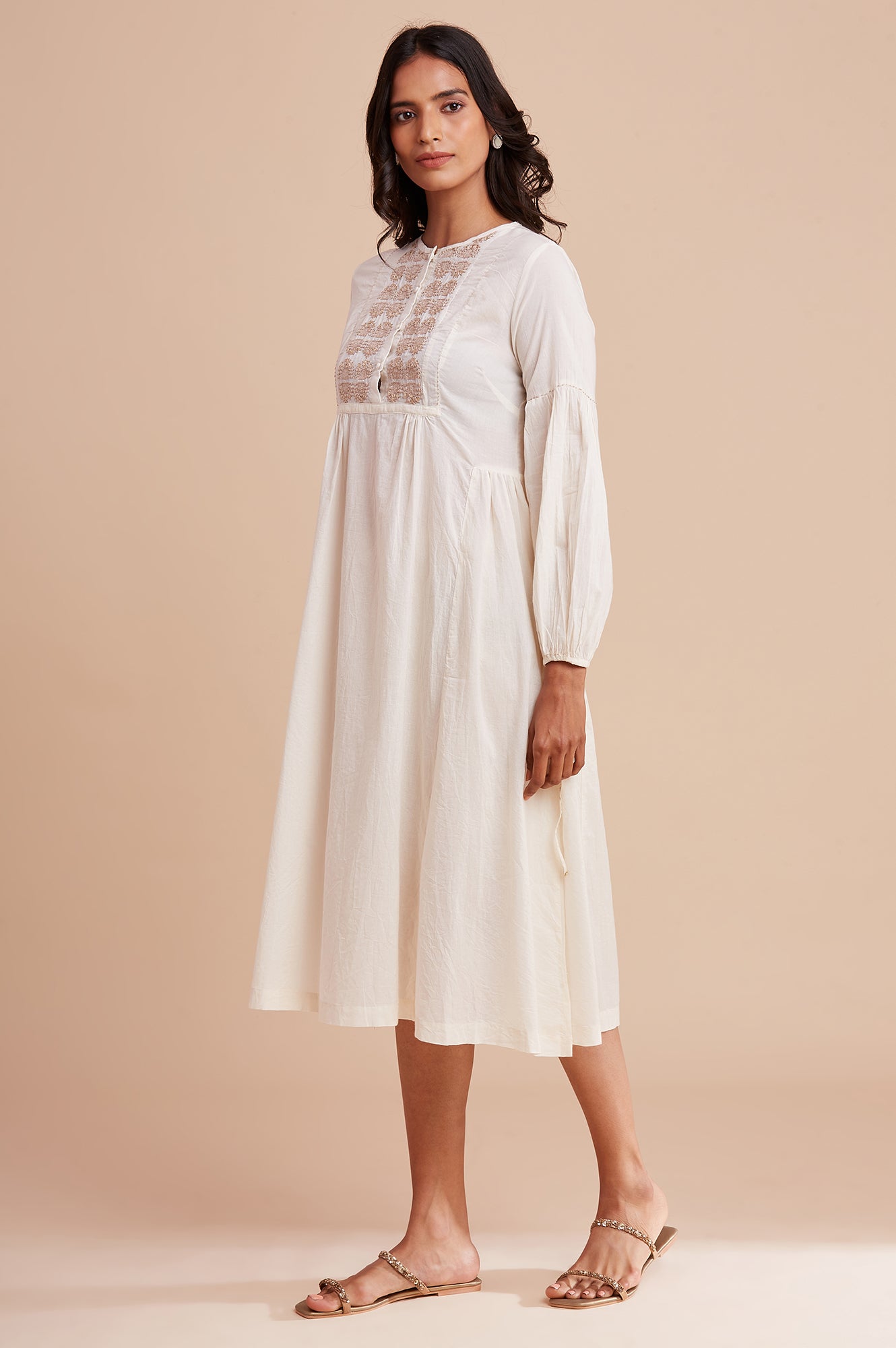 Ecru Mid-Length Embroidered Dress In Voile