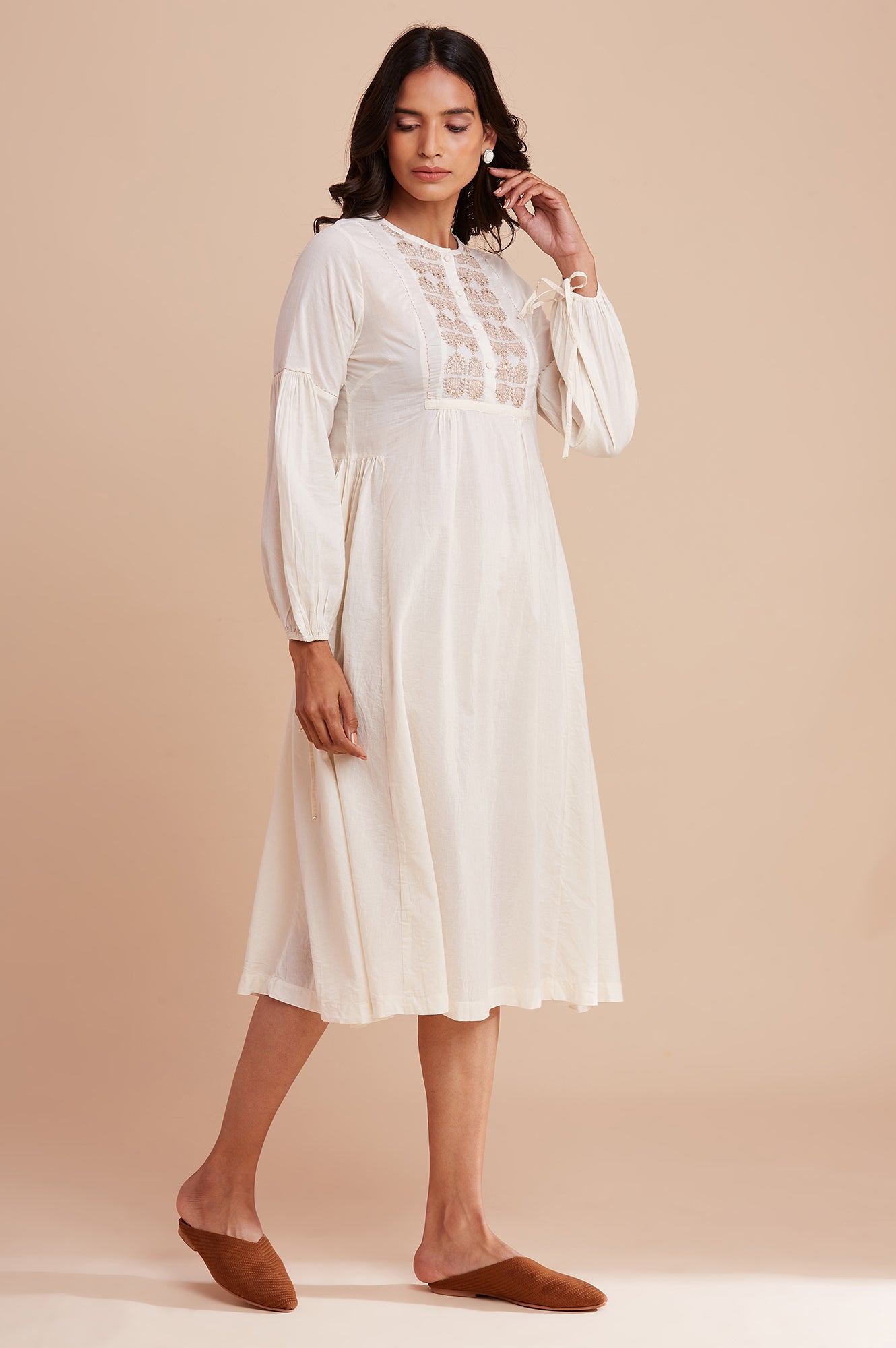 Ecru Mid-Length Embroidered Dress In Voile