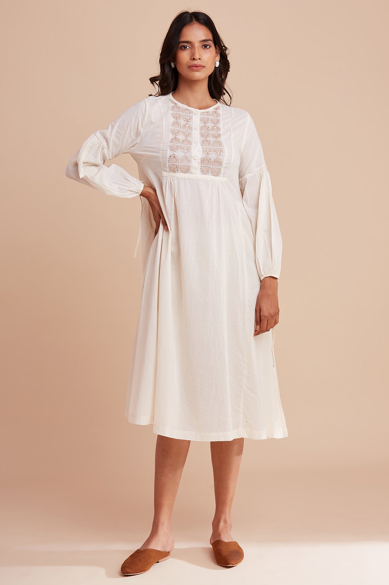 Ecru Mid-Length Embroidered Dress In Voile