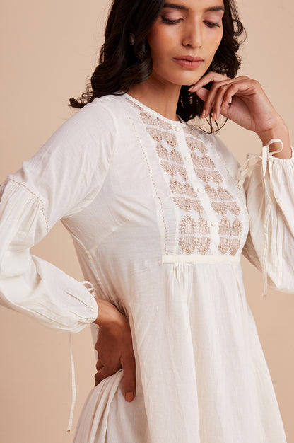 Ecru Mid-Length Embroidered Dress In Voile