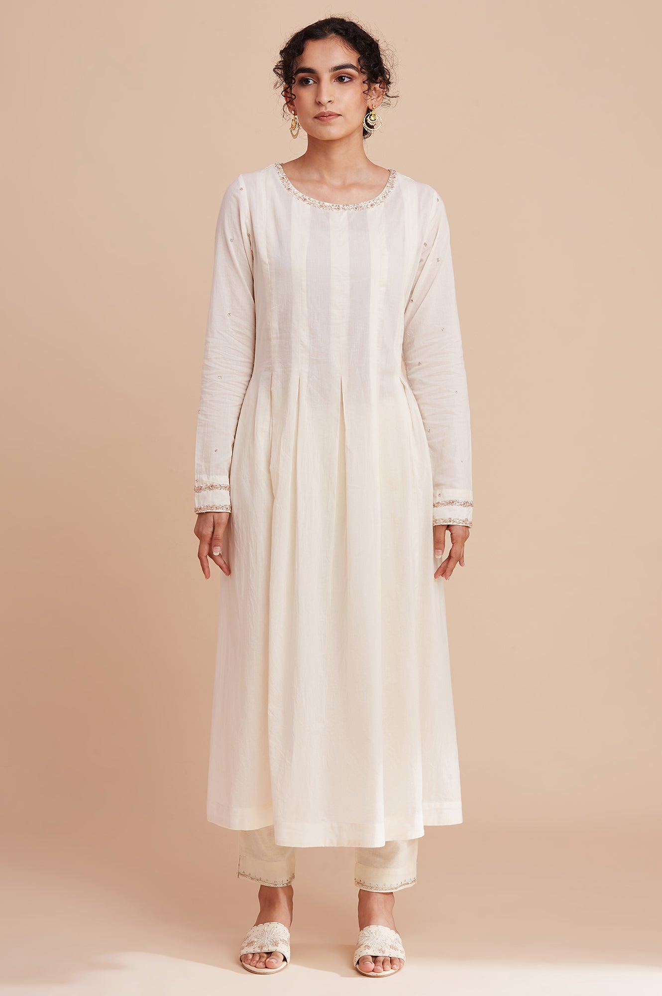 Ecru Long Line Pleated kurta