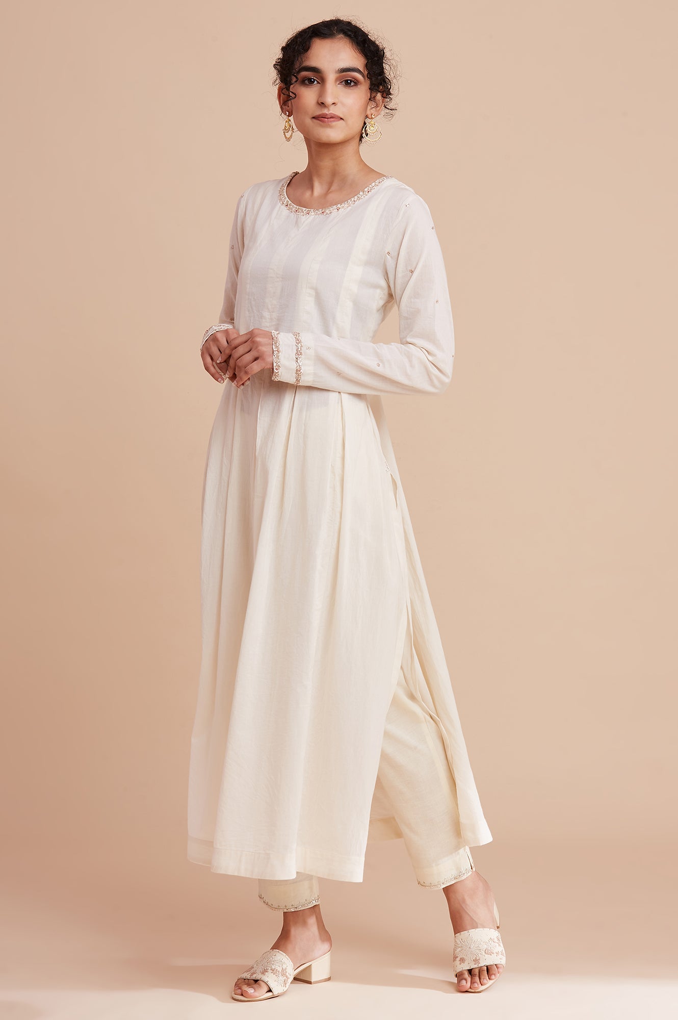 Ecru Long Line Pleated kurta