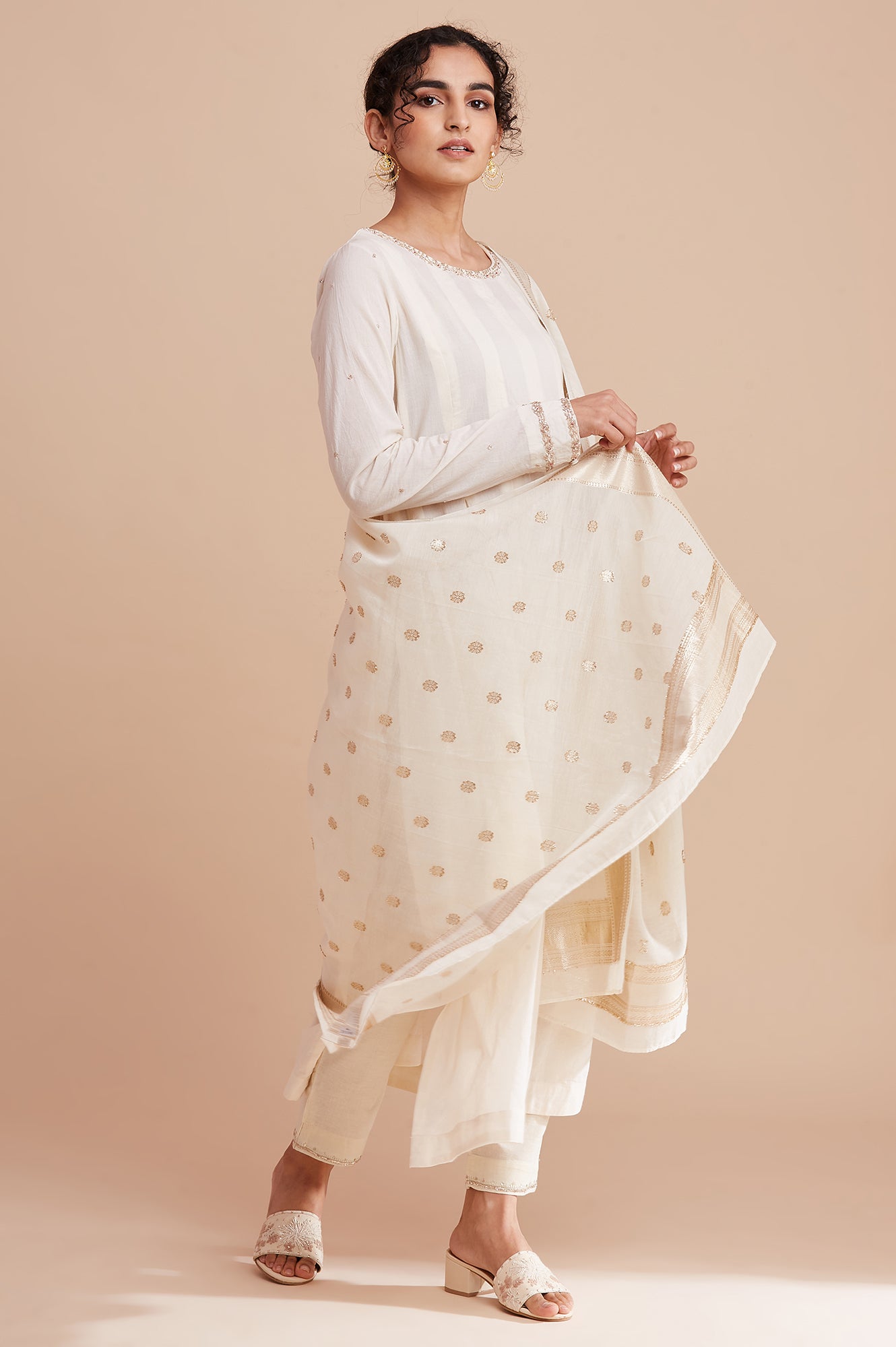 Ecru Long Line Pleated kurta