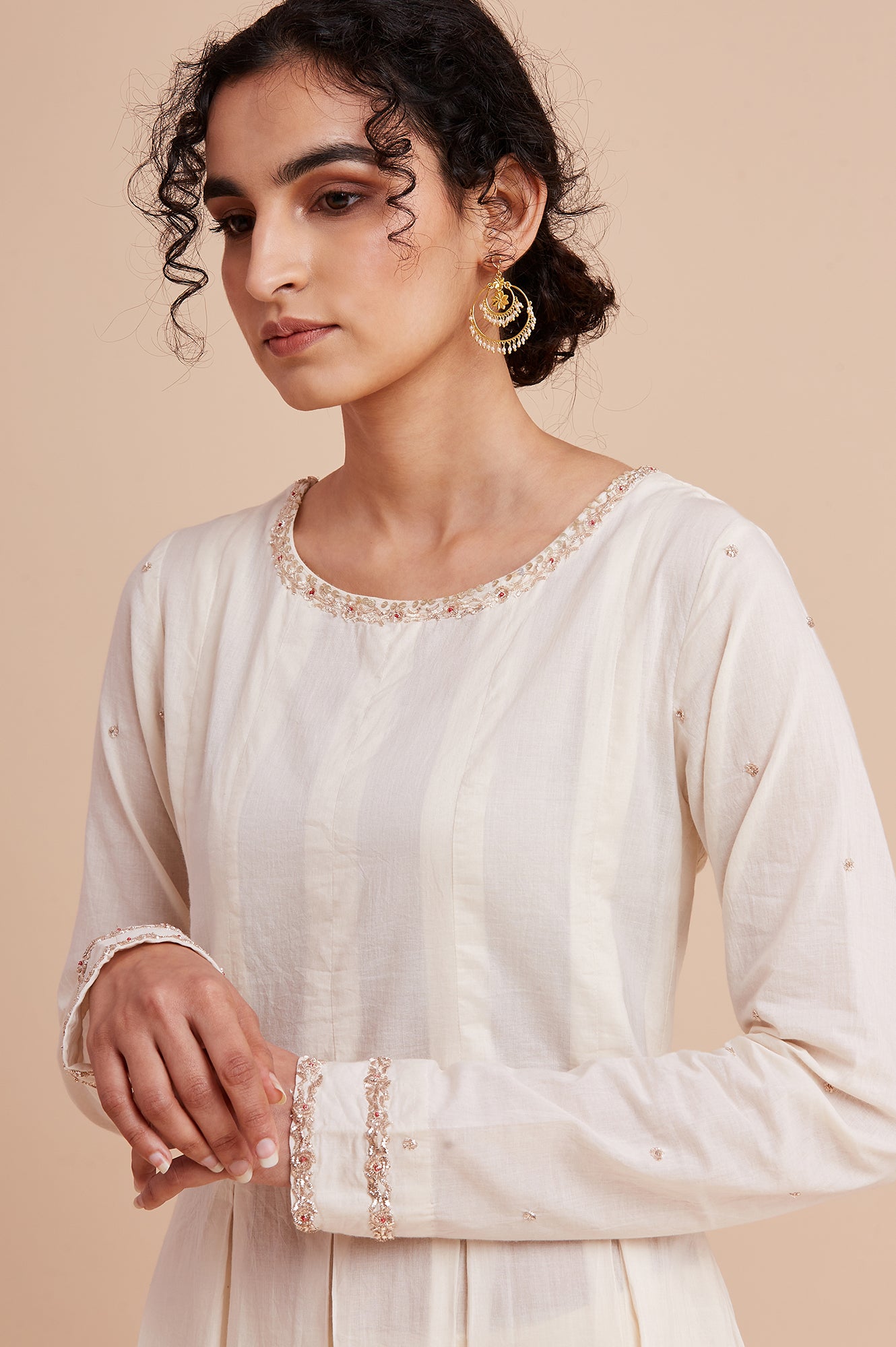 Ecru Long Line Pleated kurta