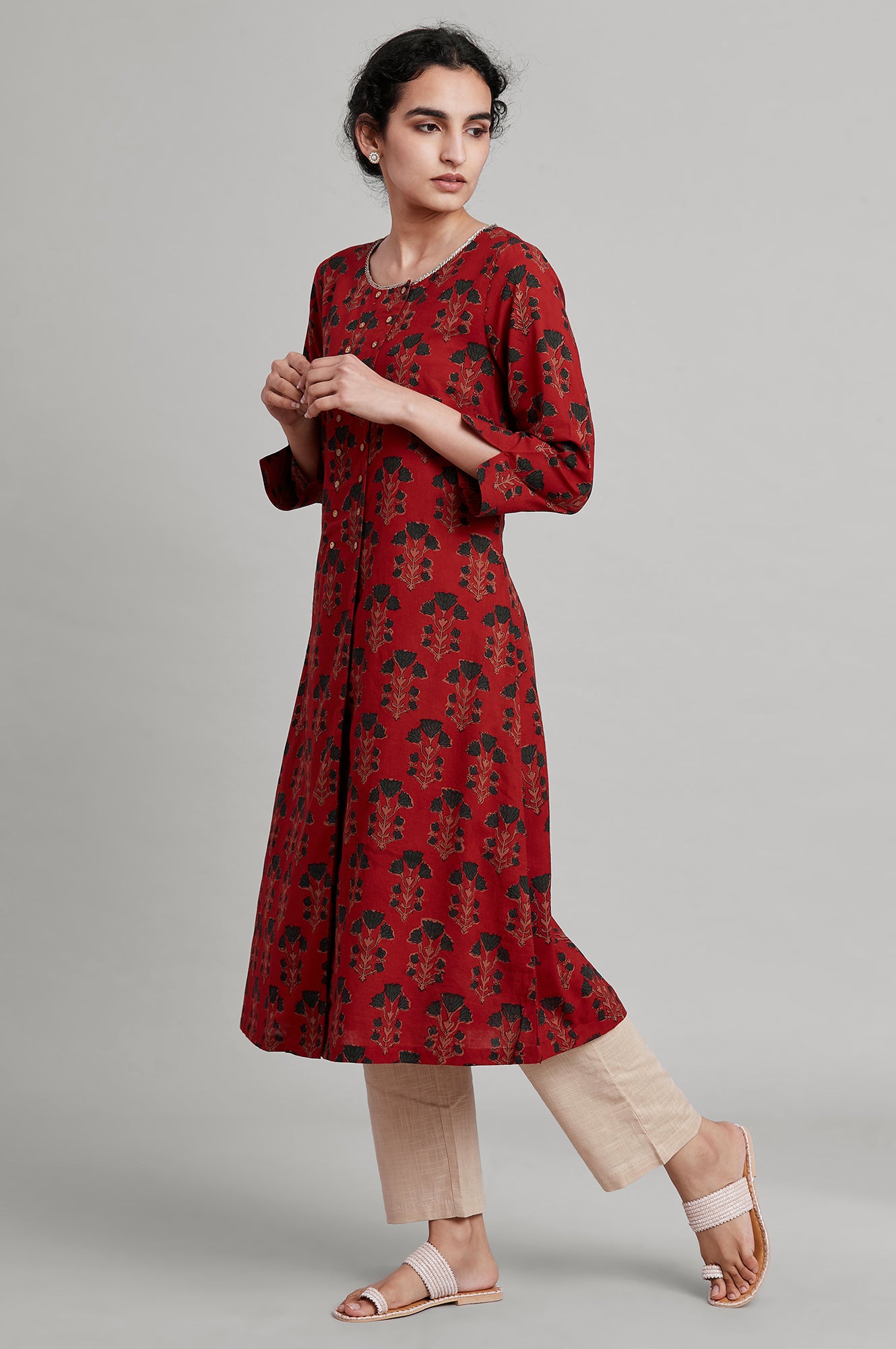 Red Hand Block Print A-Line kurta