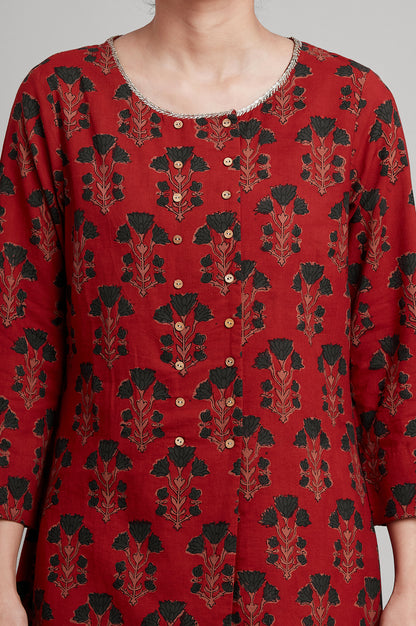 Red Hand Block Print A-Line kurta