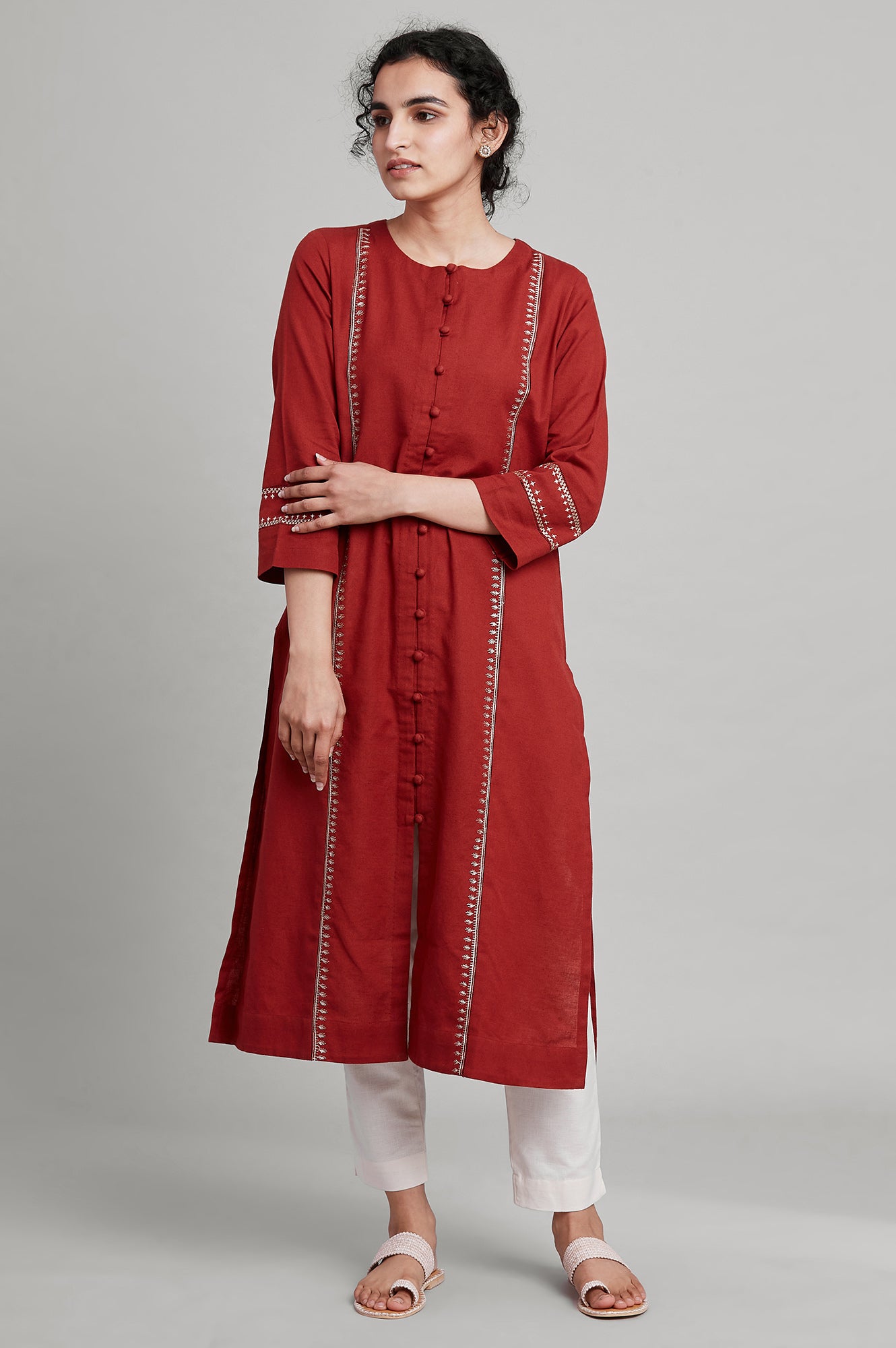 Red Shirt Dress In Cotton Flax And Zari Embroidery