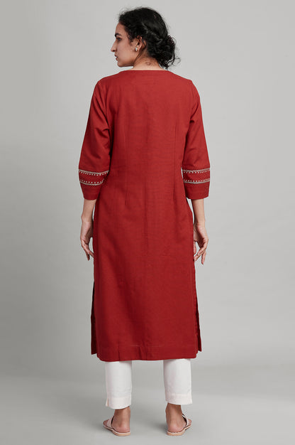 Red Shirt Dress In Cotton Flax And Zari Embroidery