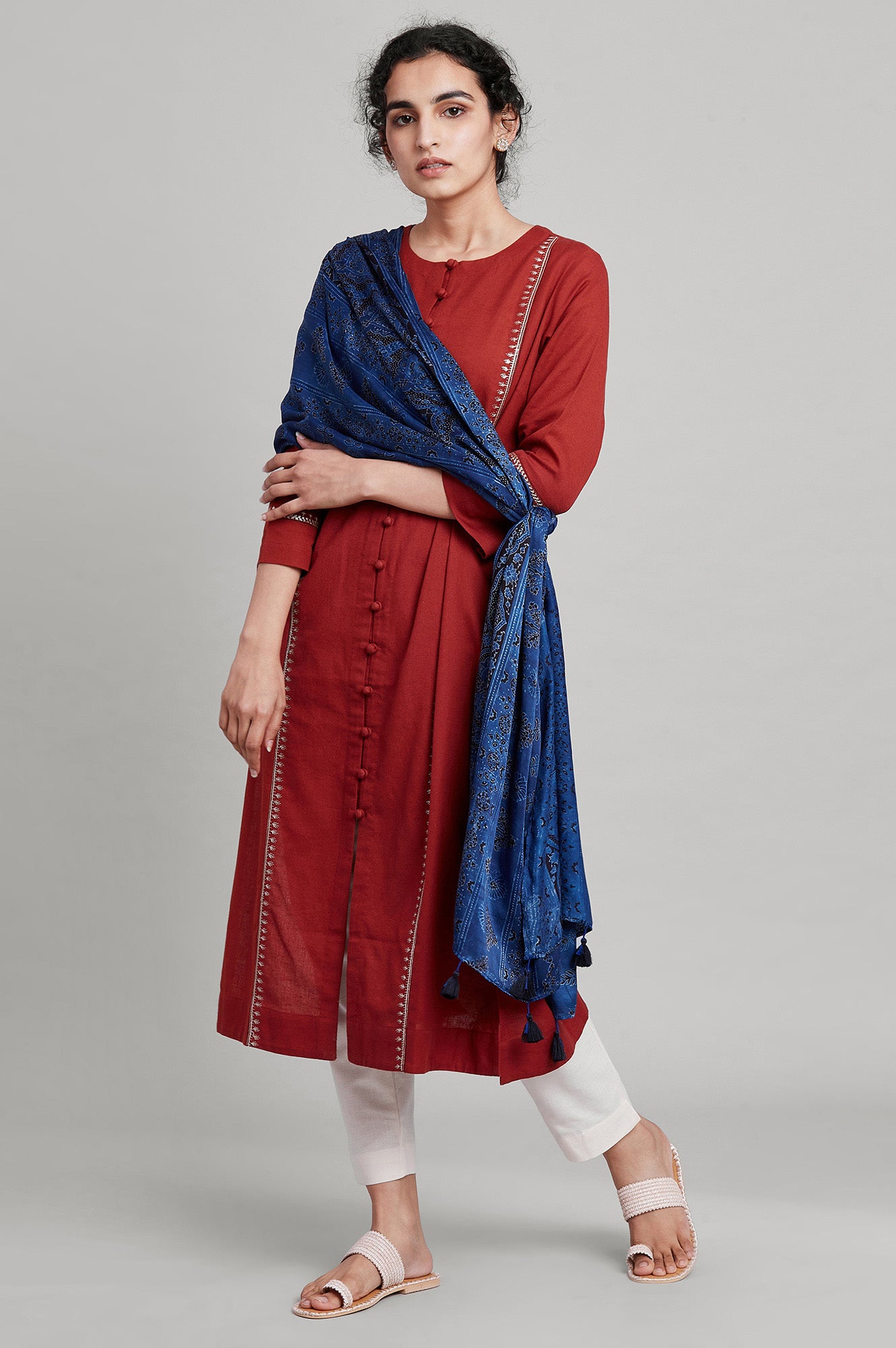 Red Shirt Dress In Cotton Flax And Zari Embroidery