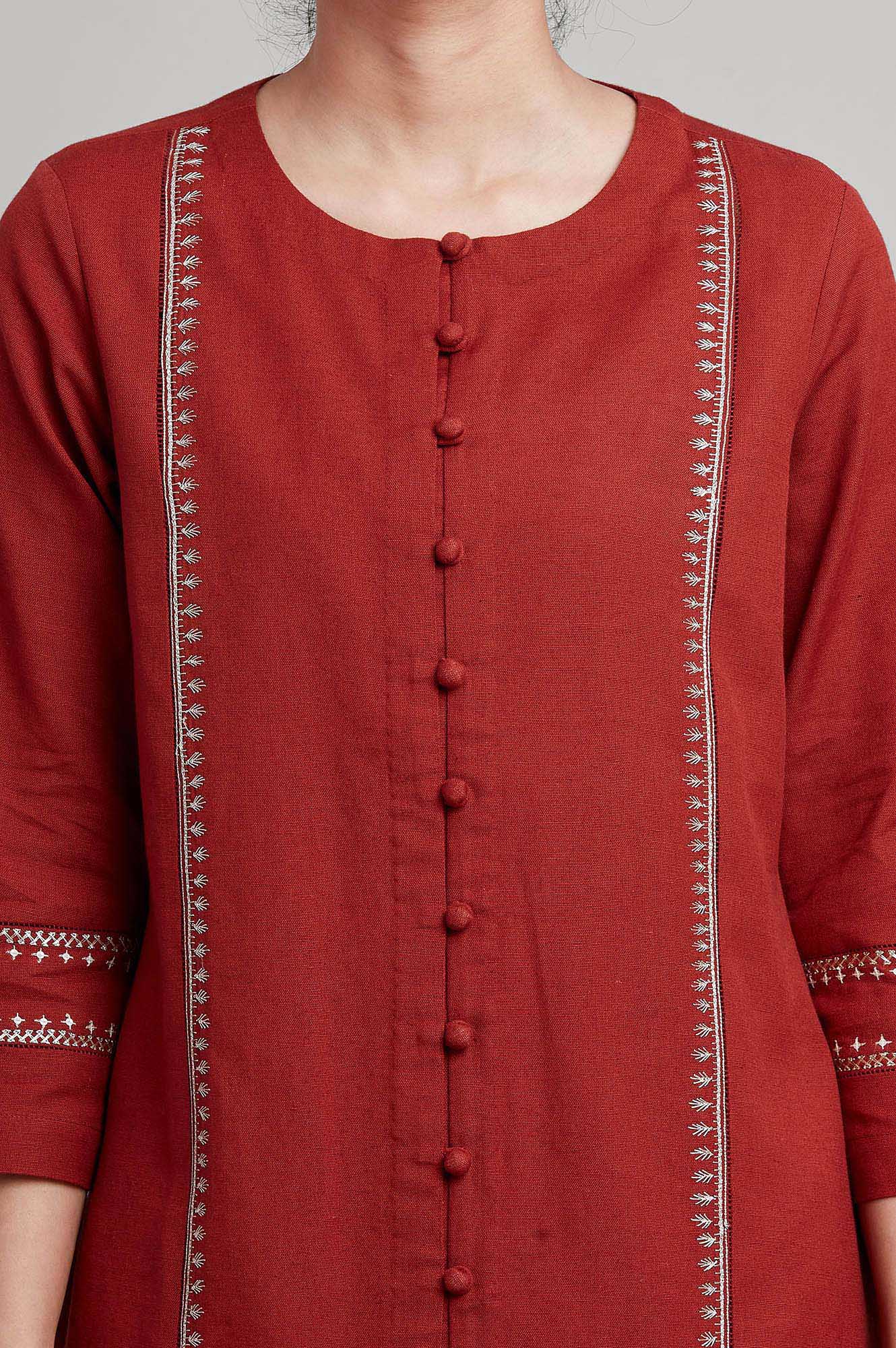 Red Shirt Dress In Cotton Flax And Zari Embroidery