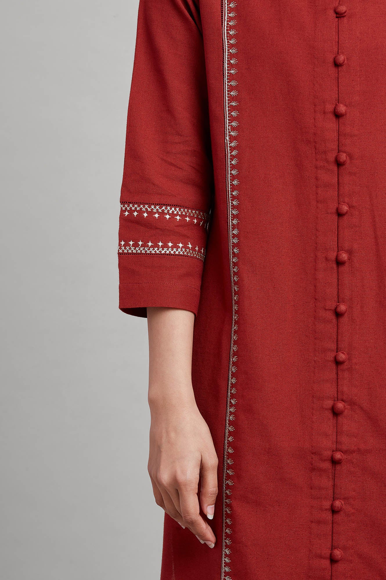 Red Shirt Dress In Cotton Flax And Zari Embroidery