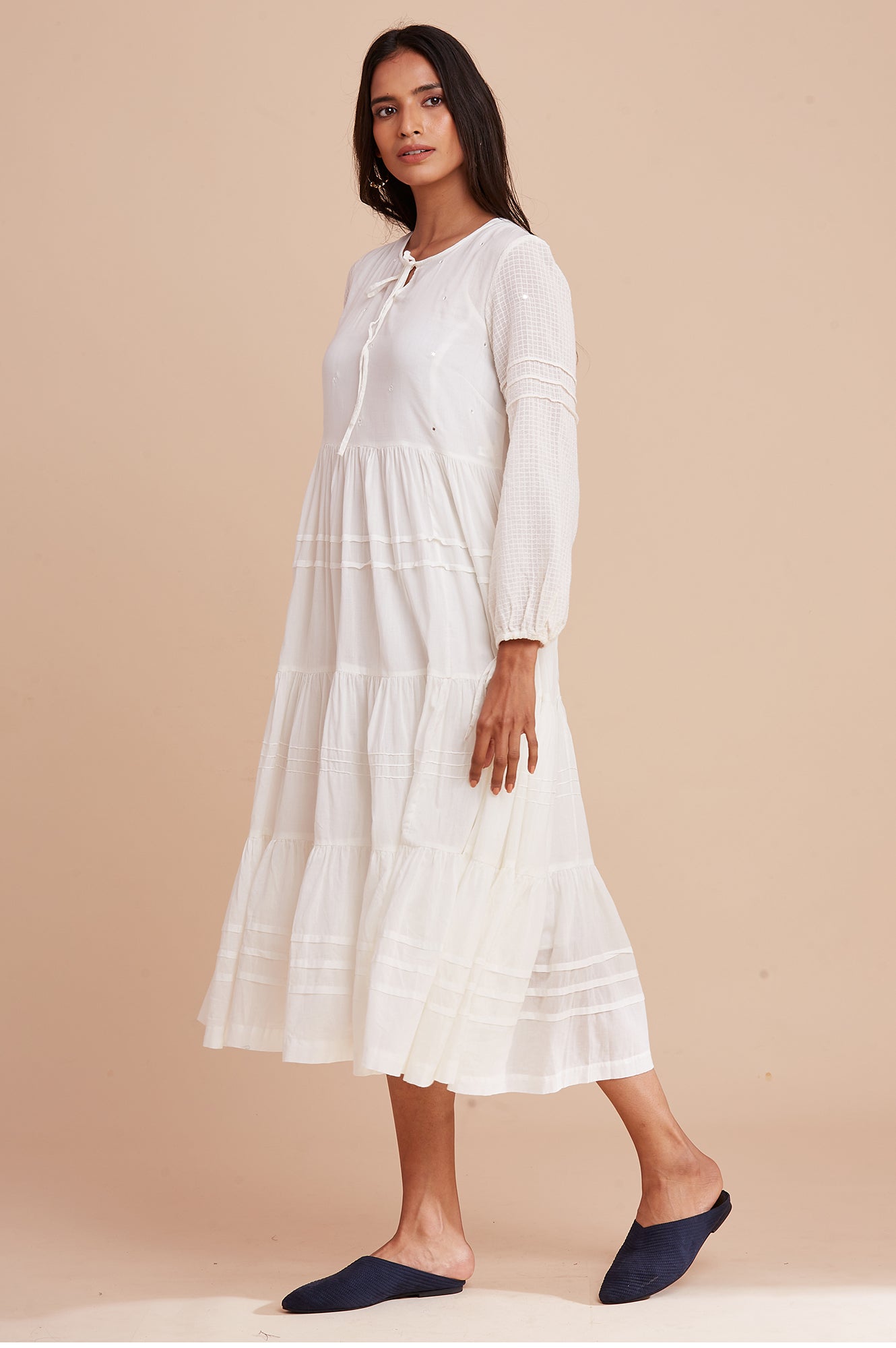 Ecru Long Length Gathered Volume Dress