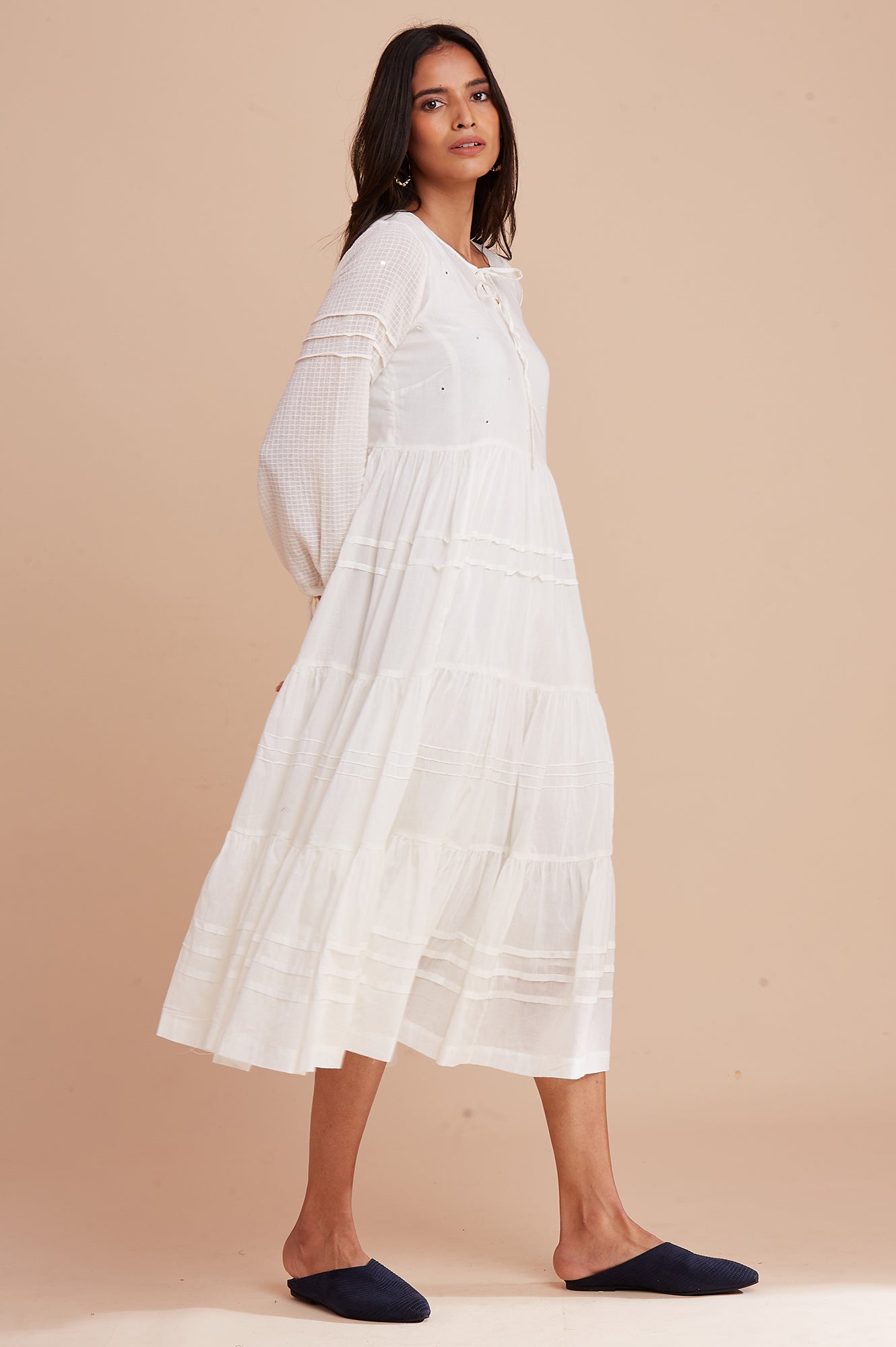 Ecru Long Length Gathered Volume Dress