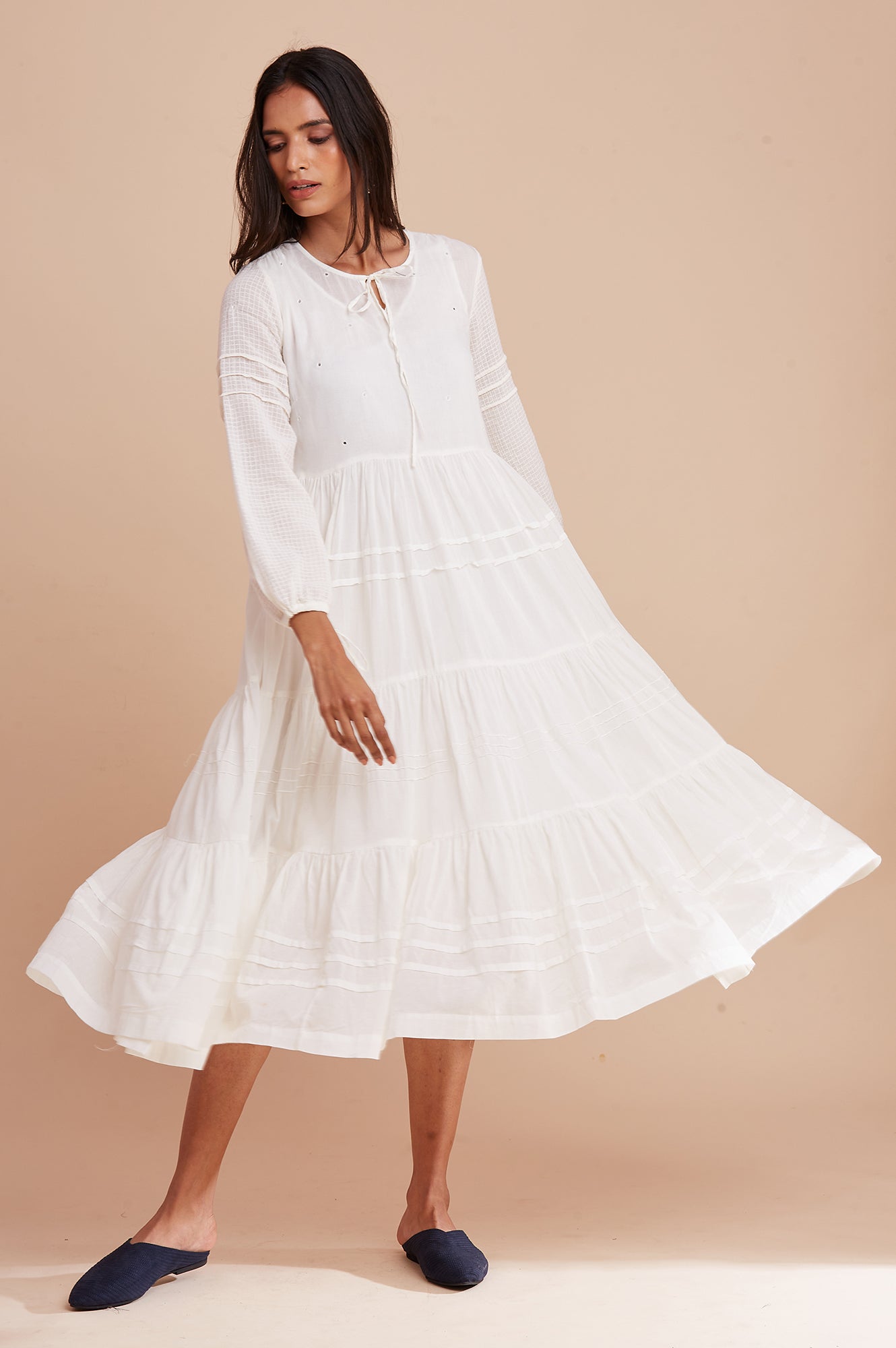 Ecru Long Length Gathered Volume Dress