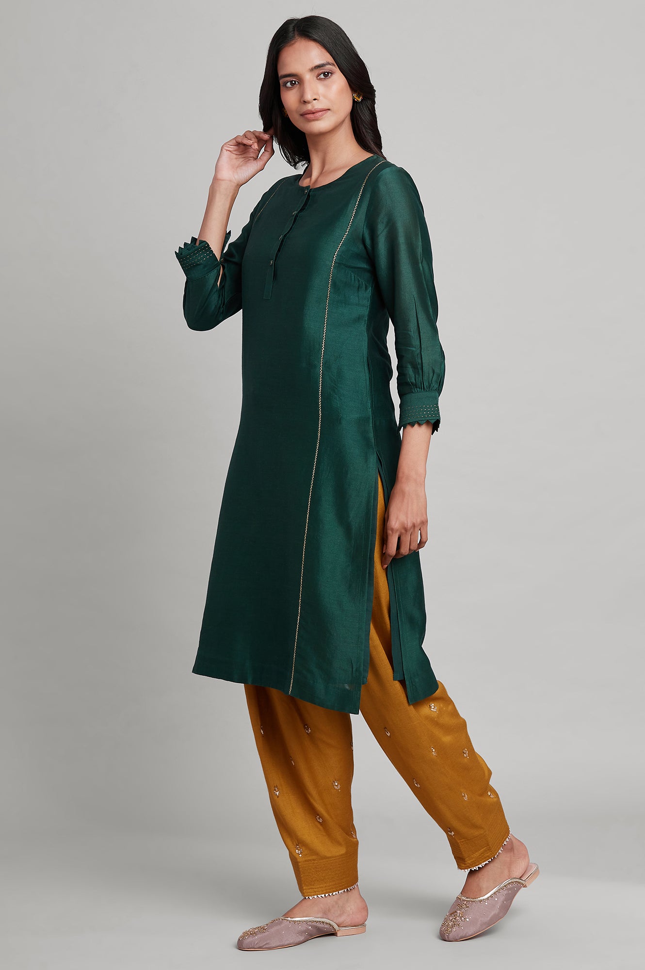 Dark Green Silk Chanderi Shirt kurta