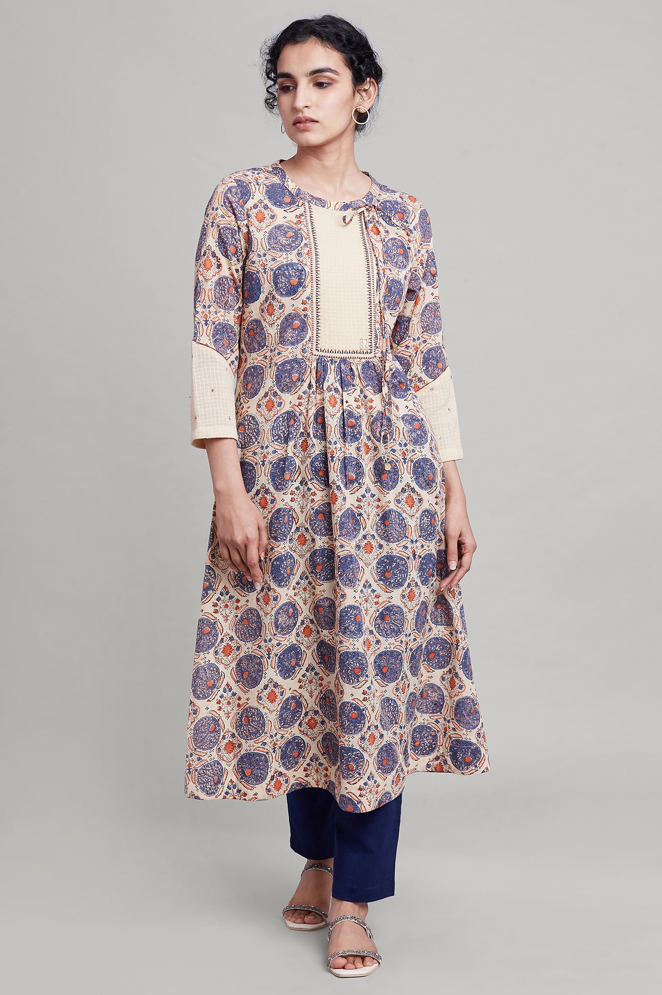 Beige Gathered A-line Hand Block Print kurta