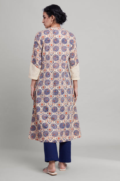 Beige Gathered A-line Hand Block Print kurta