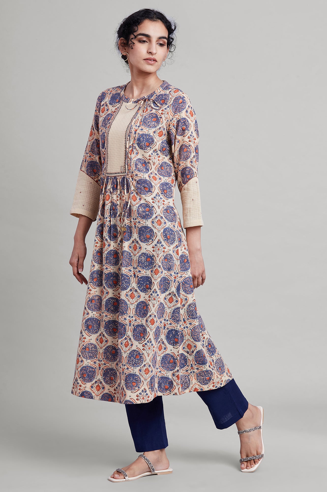 Beige Gathered A-line Hand Block Print kurta