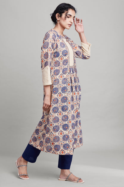 Beige Gathered A-line Hand Block Print kurta