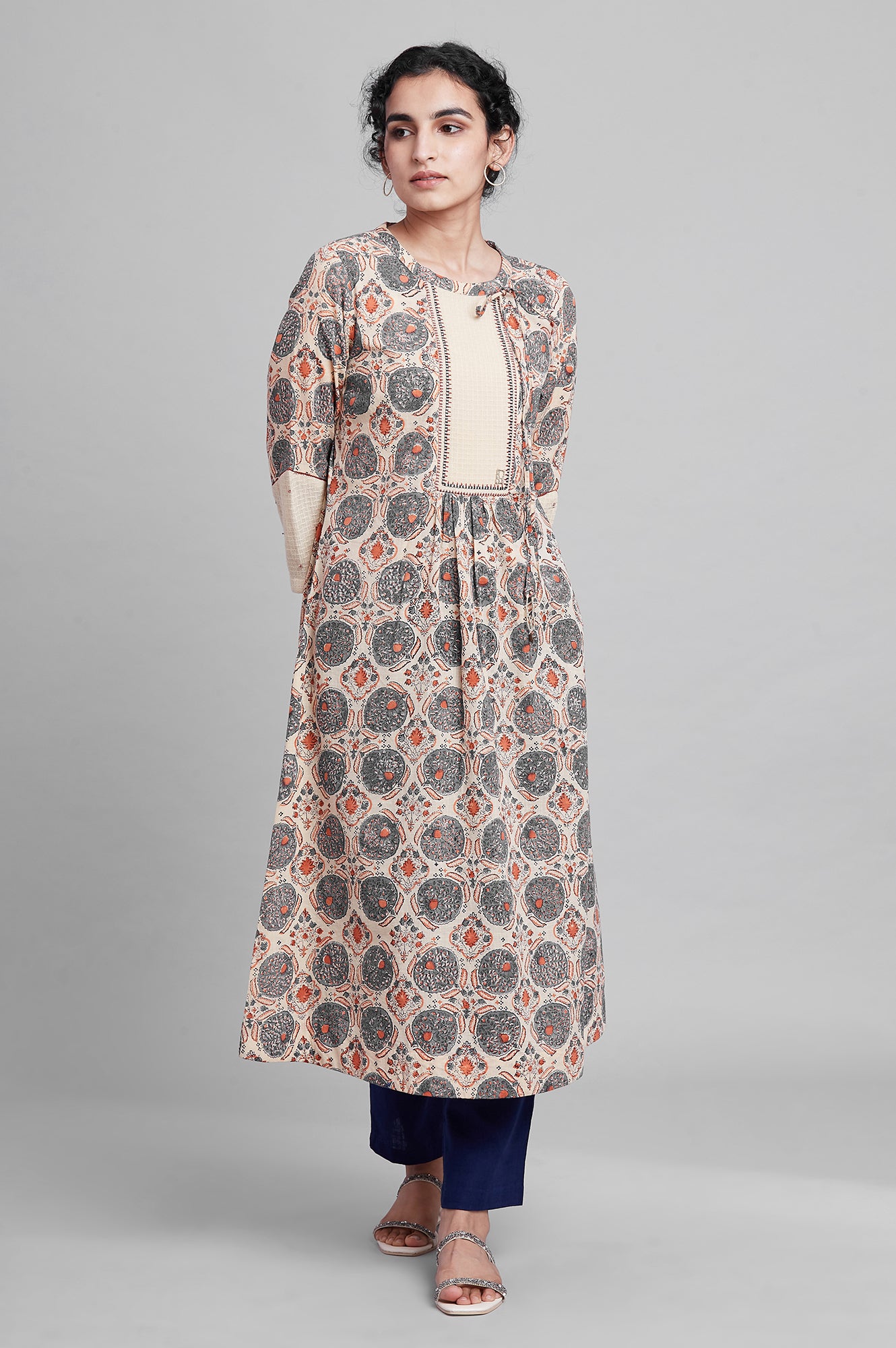 Beige Gathered A-line Hand Block Print kurta