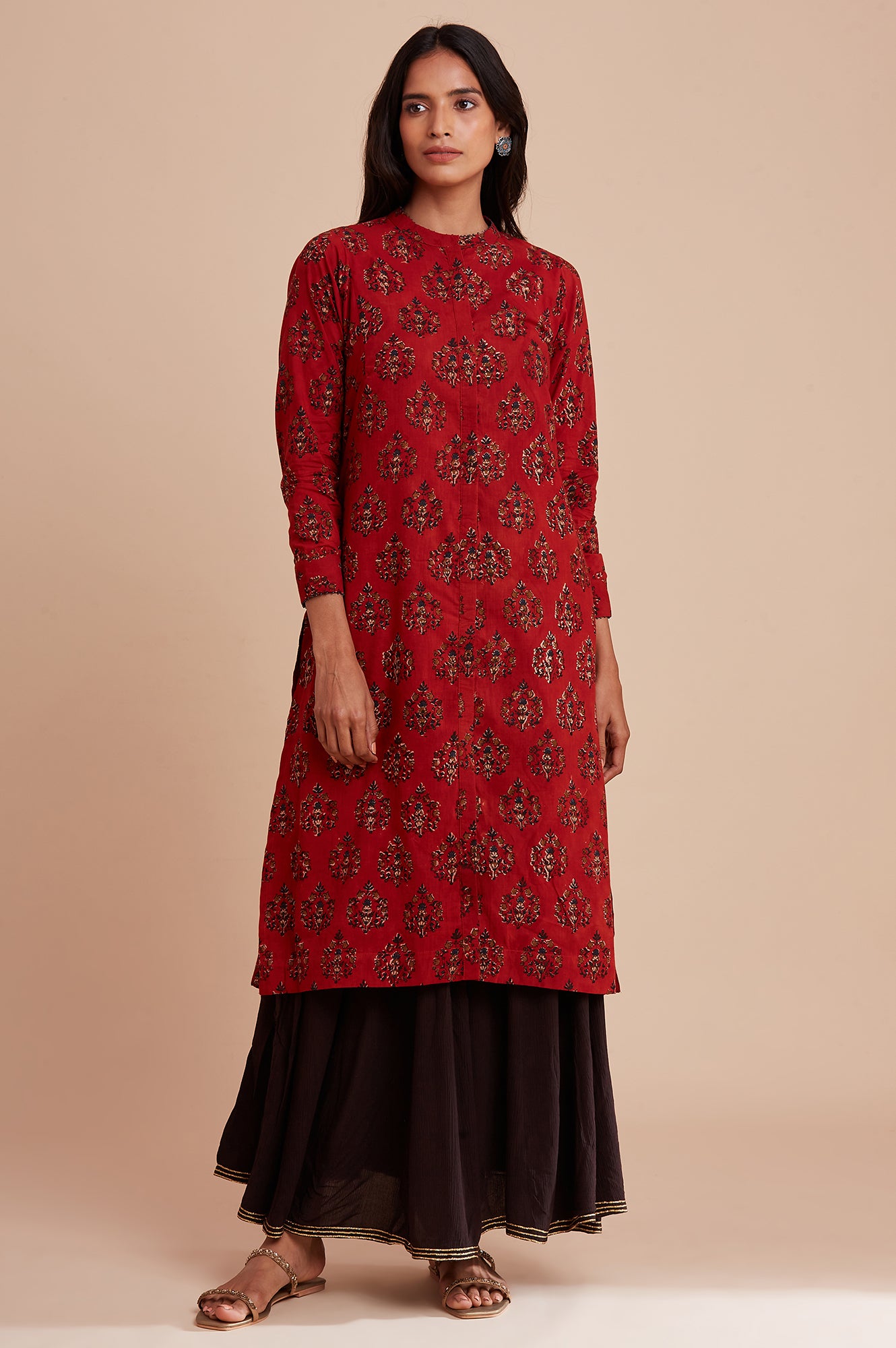 Red Shirt Dress in Hand Block Print