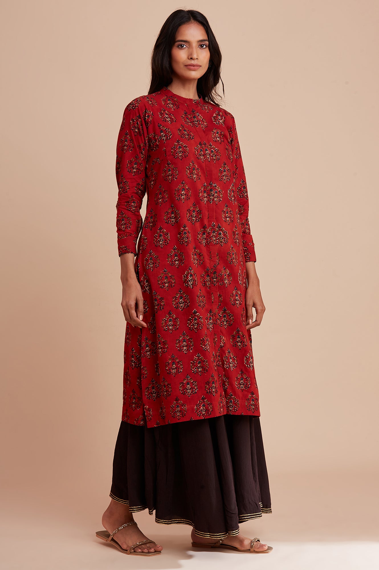 Red Shirt Dress in Hand Block Print