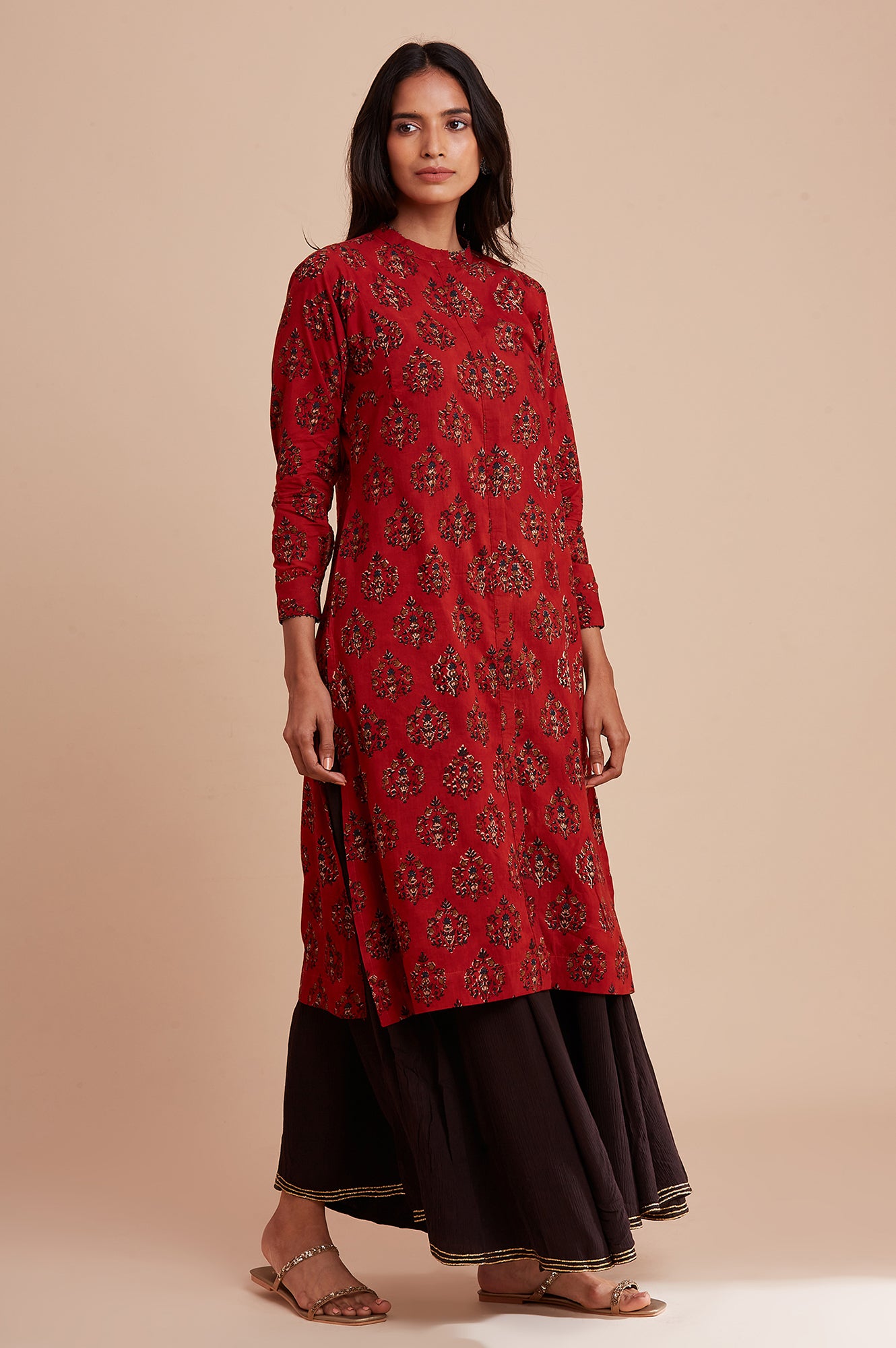 Red Shirt Dress in Hand Block Print