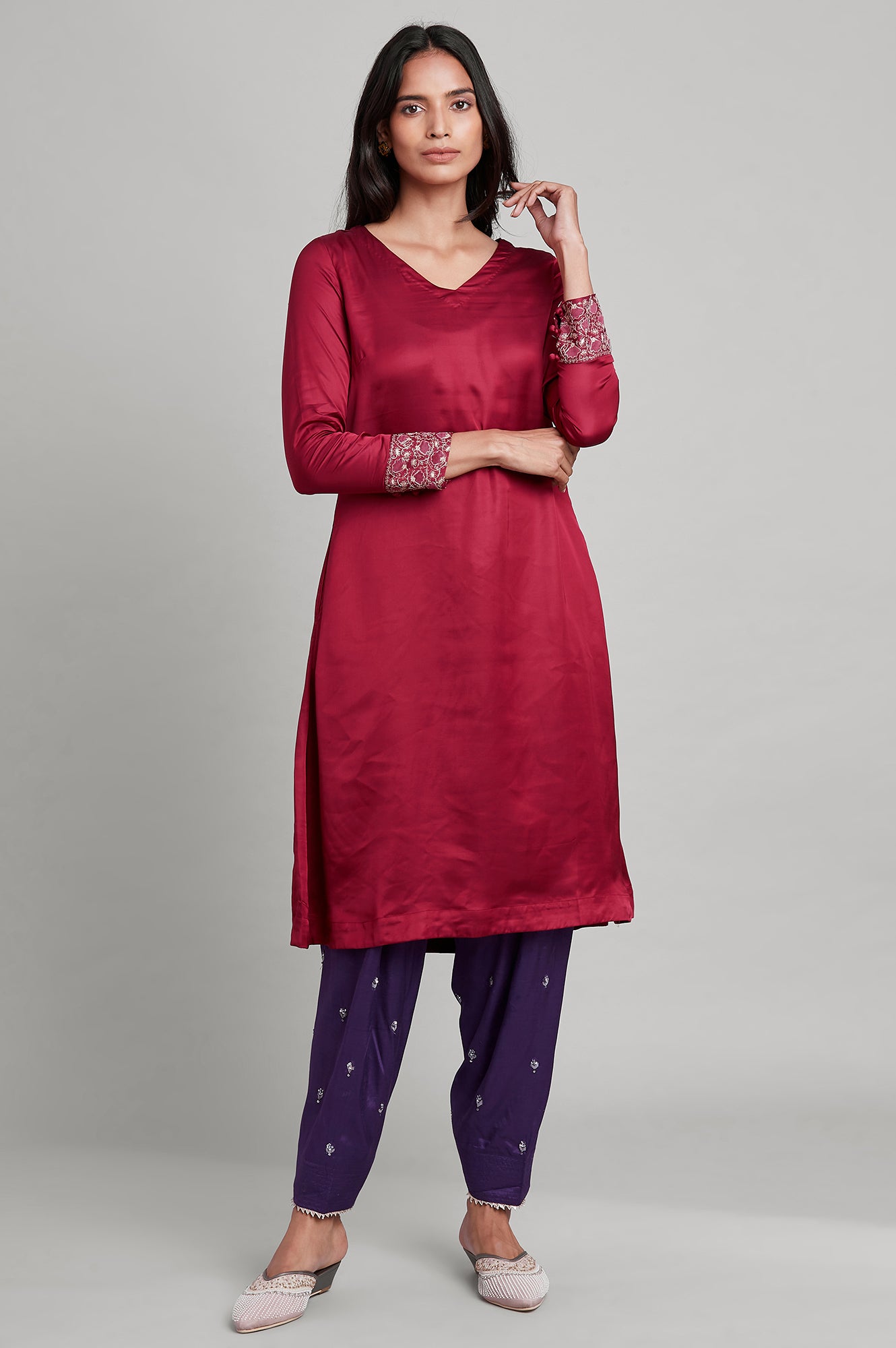 Dark Pink Modal Satin A-line kurta