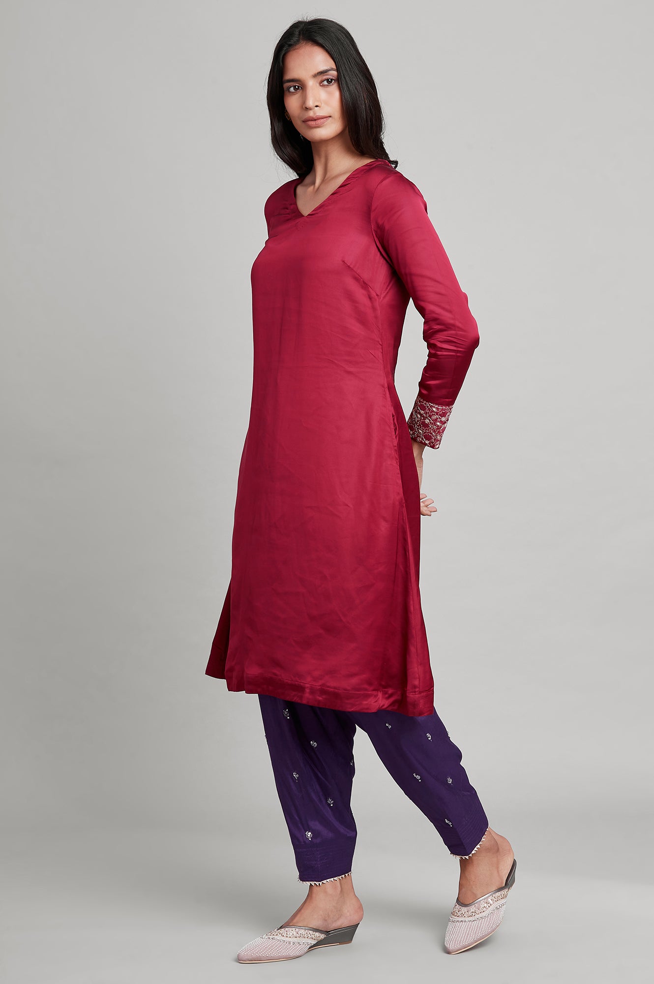 Dark Pink Modal Satin A-line kurta