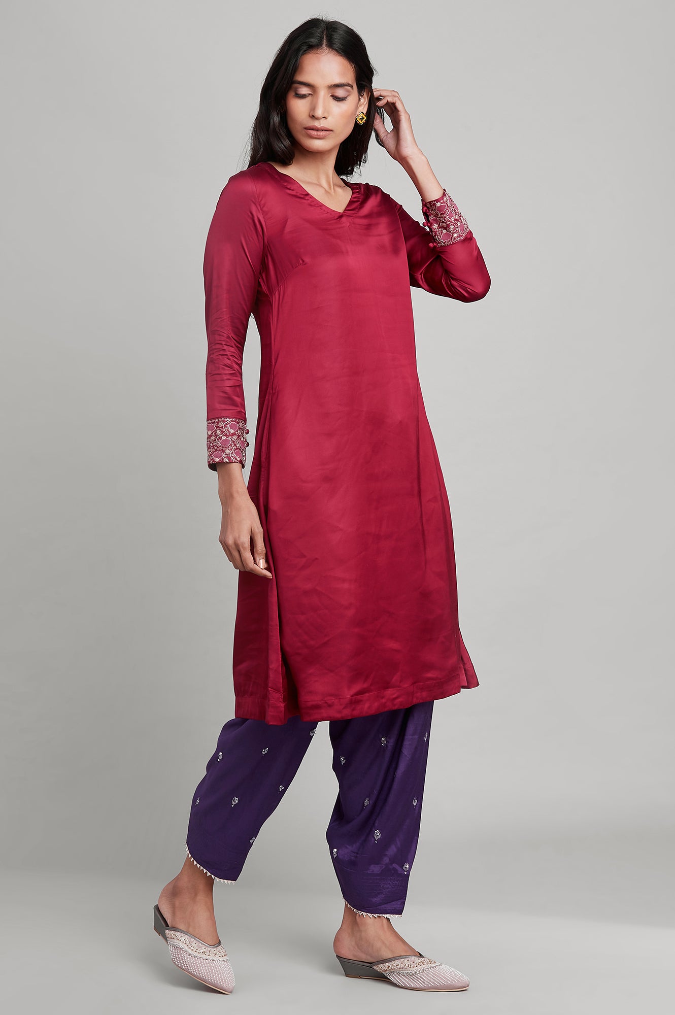 Dark Pink Modal Satin A-line kurta