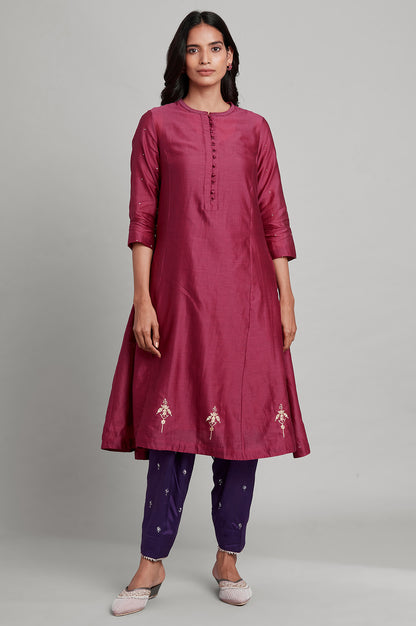 Dark Pink Mandarin Neck Panelled kurta