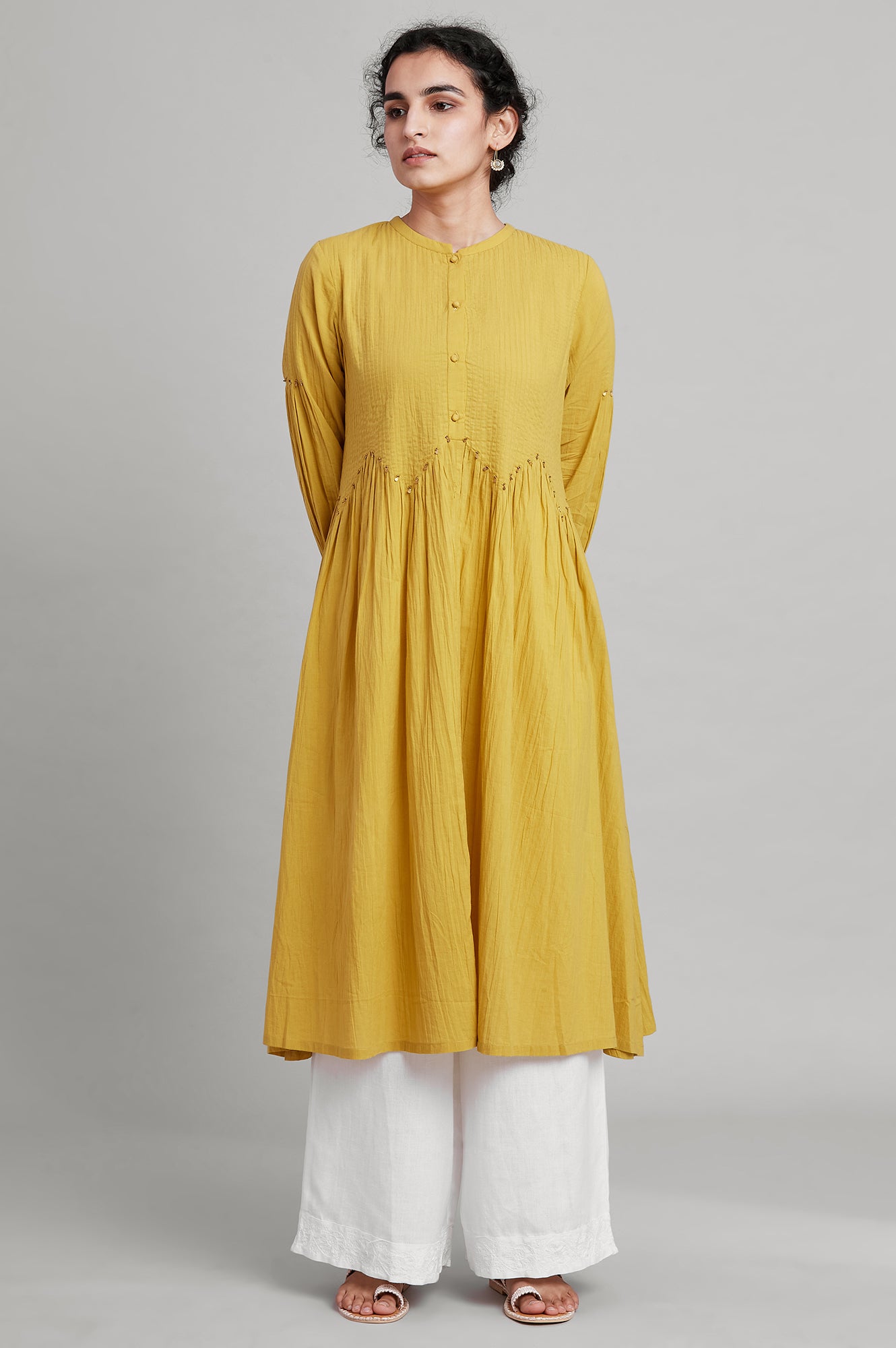 Yellow Pleated Solid kurta