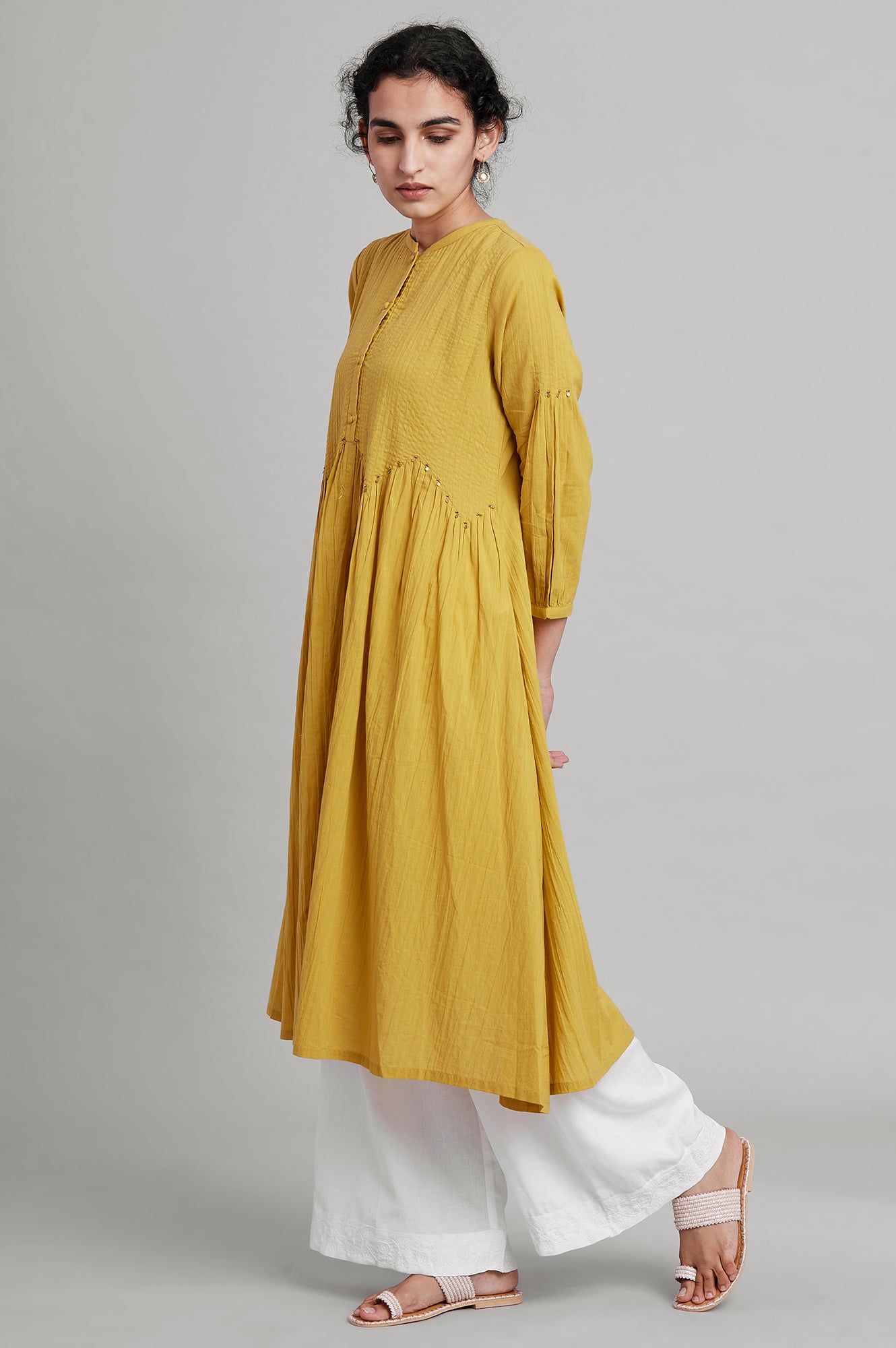 Yellow Pleated Solid kurta