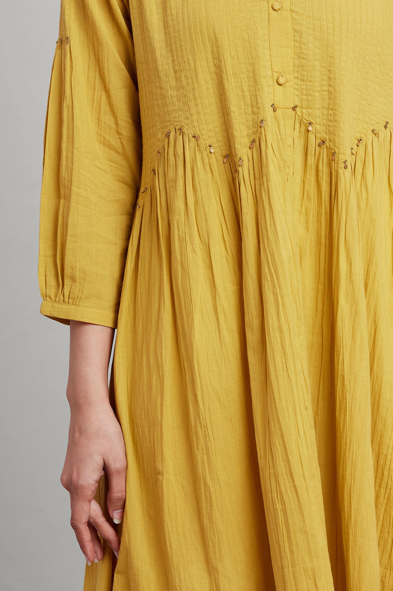 Yellow Pleated Solid kurta