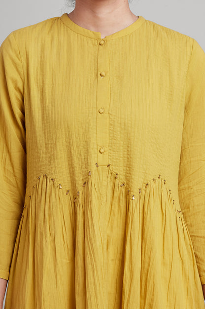 Yellow Pleated Solid kurta