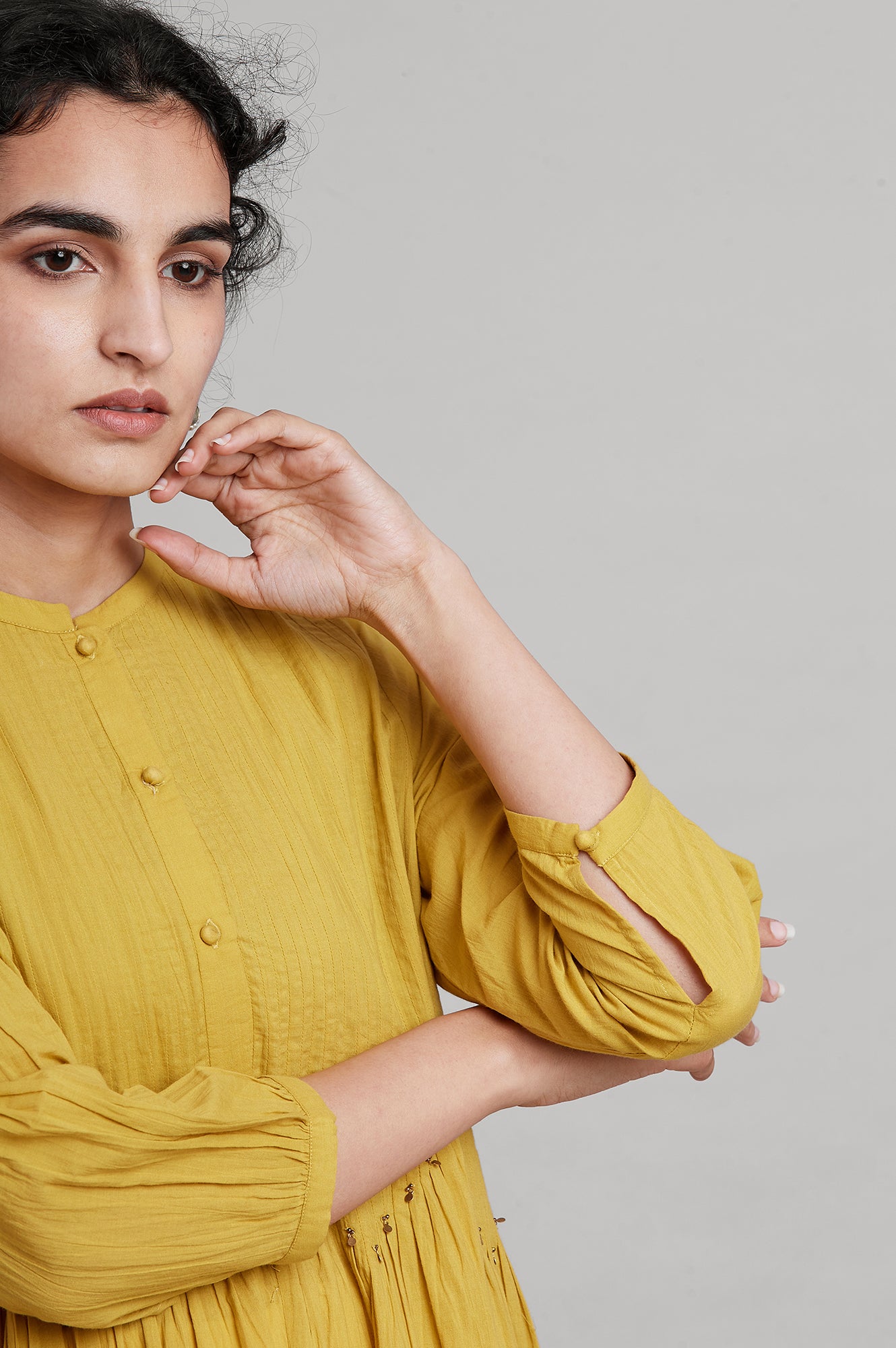 Yellow Pleated Solid kurta