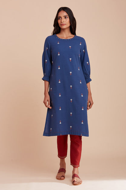 Blue Cotton Jacquard kurta