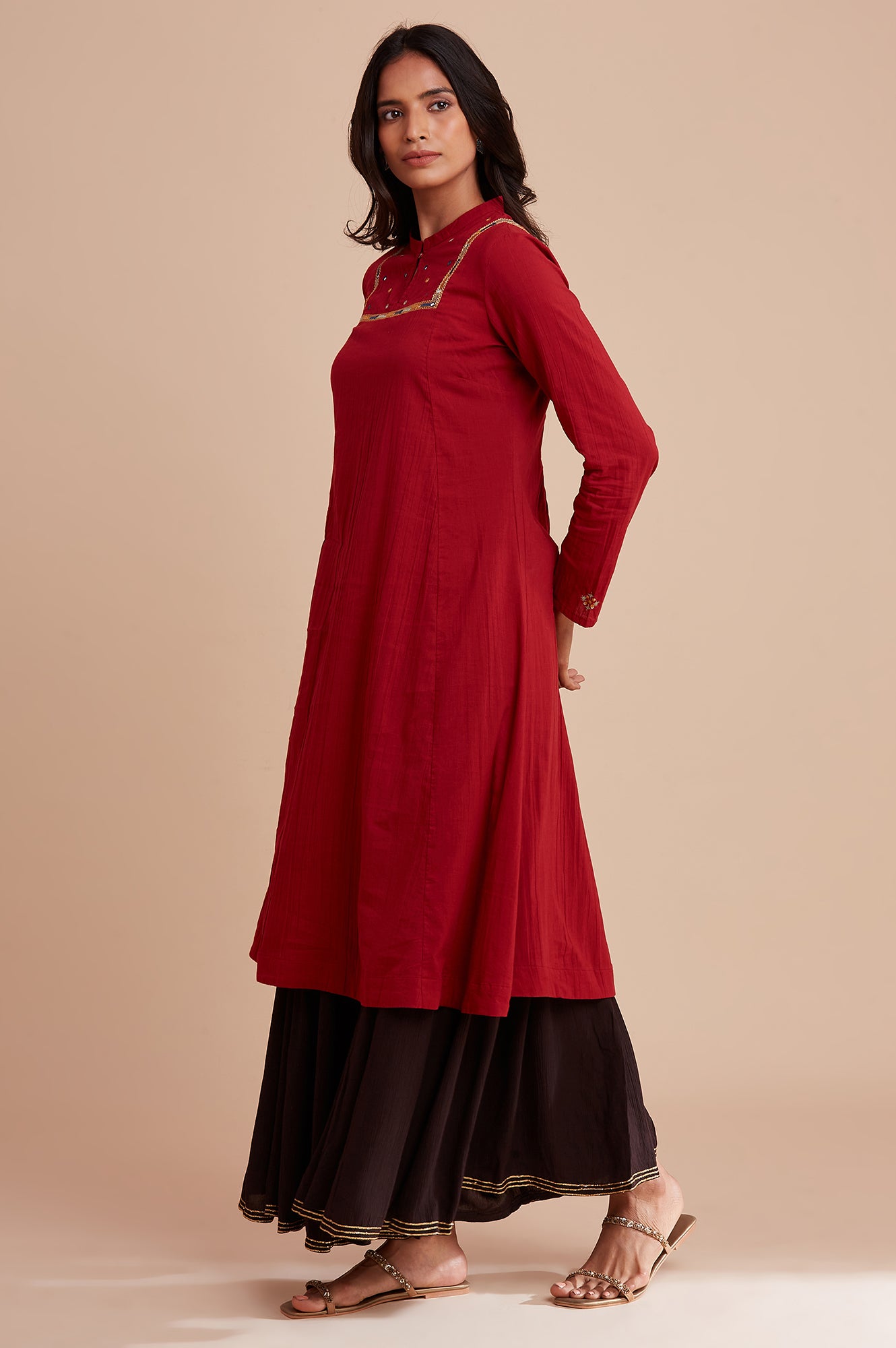 Red Panelled kurta in Kutch Embroidery