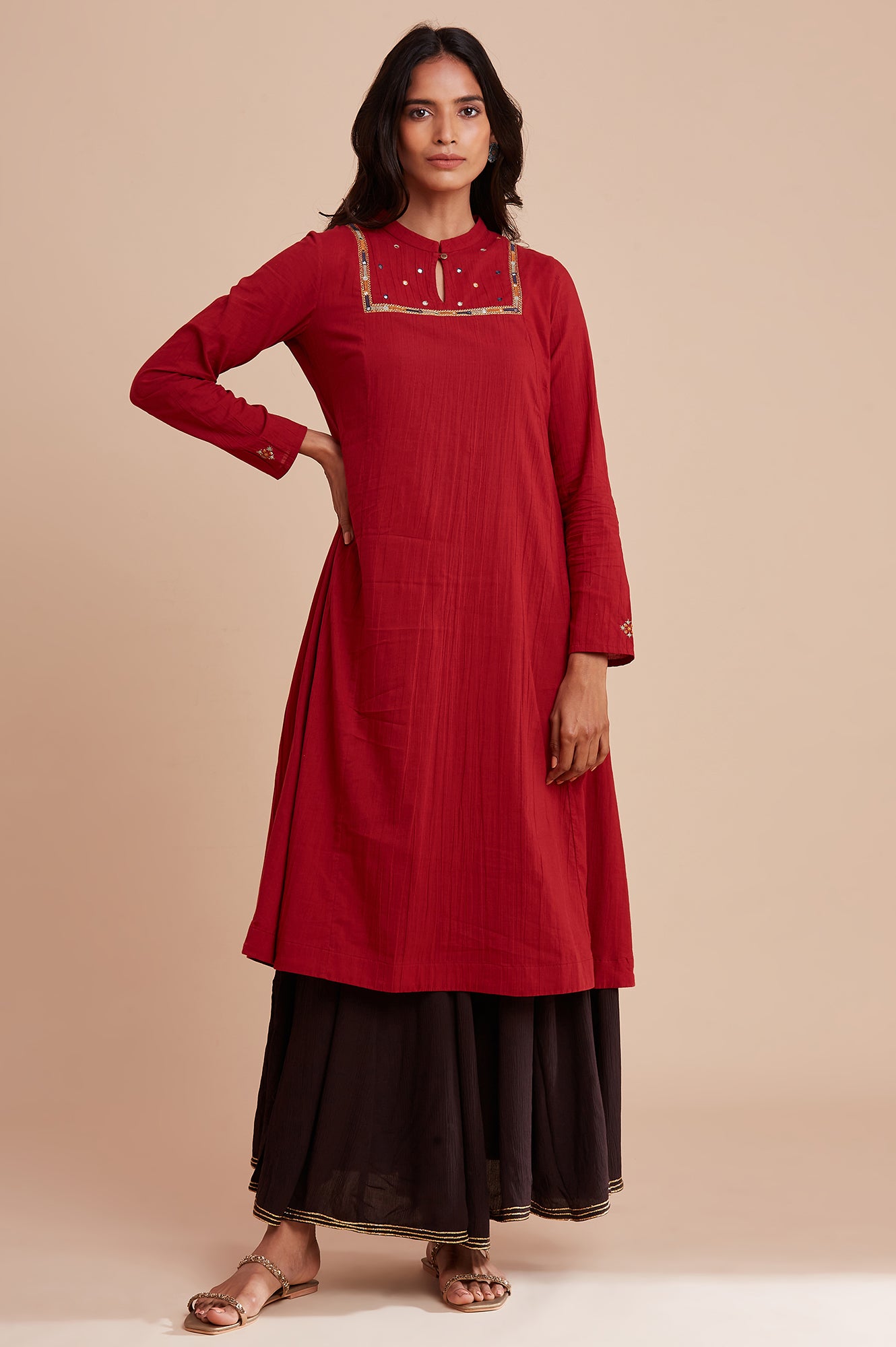 Red Panelled kurta in Kutch Embroidery