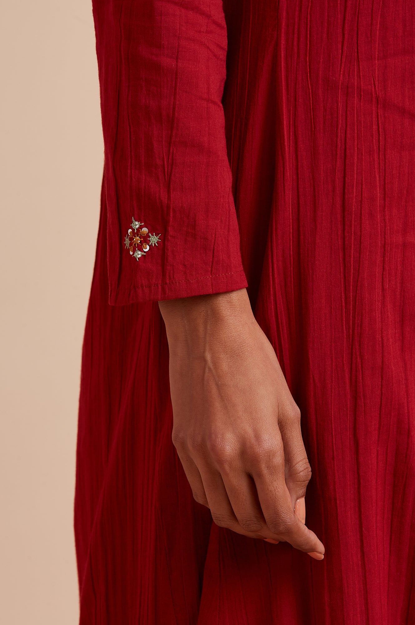 Red Panelled kurta in Kutch Embroidery