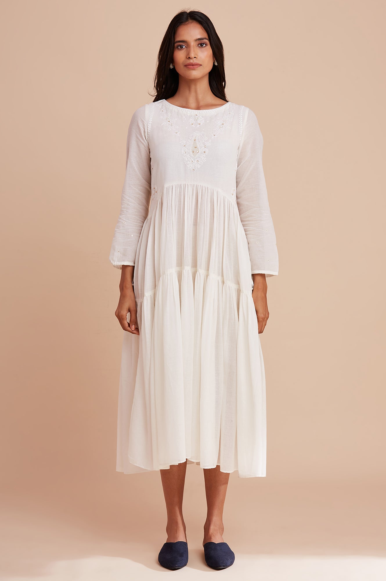 Ecru Gathered Round Neck Dress