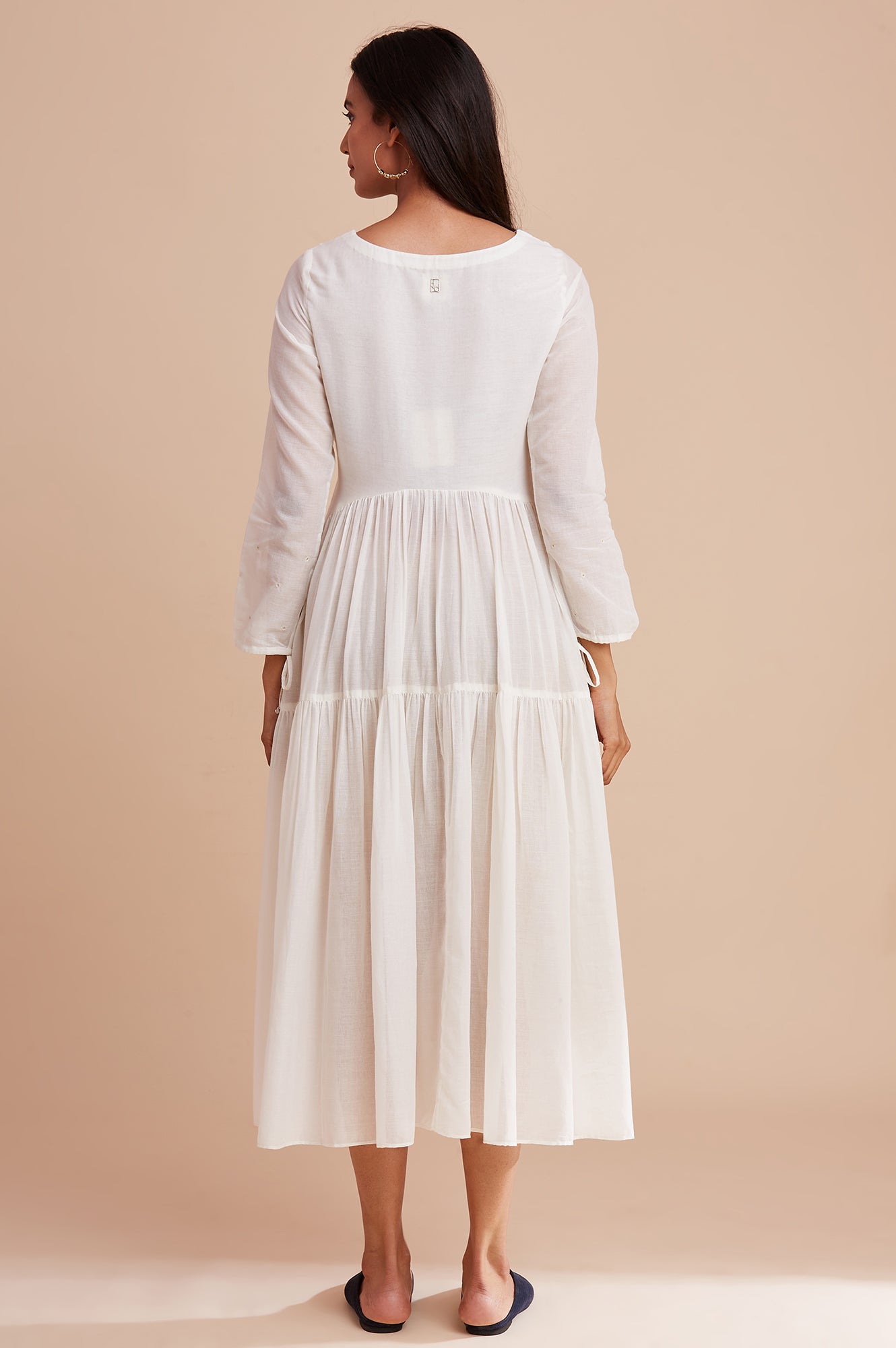 Ecru Gathered Round Neck Dress