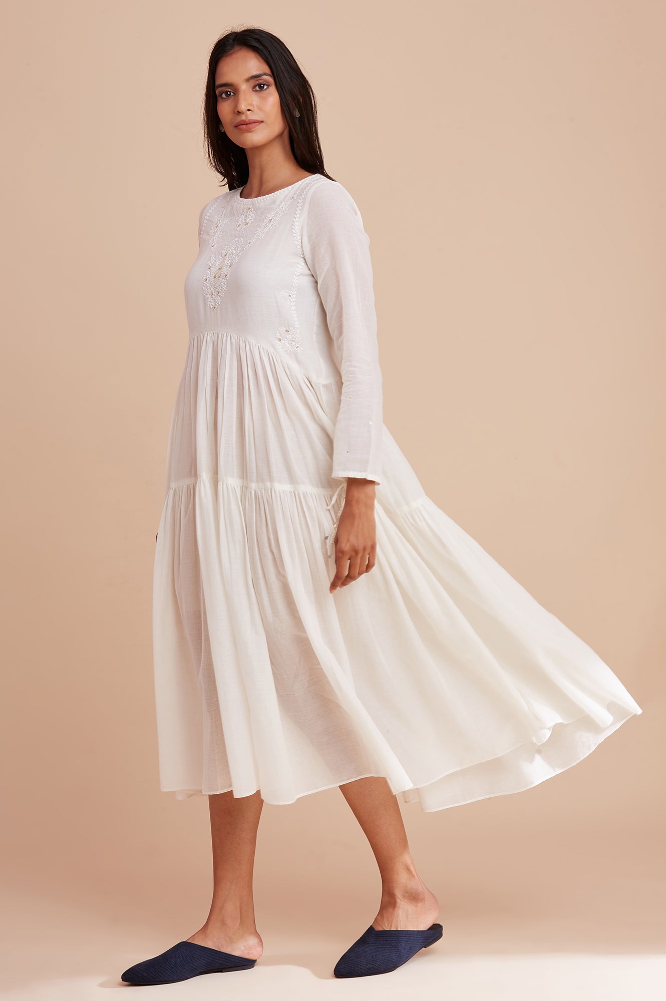 Ecru Gathered Round Neck Dress