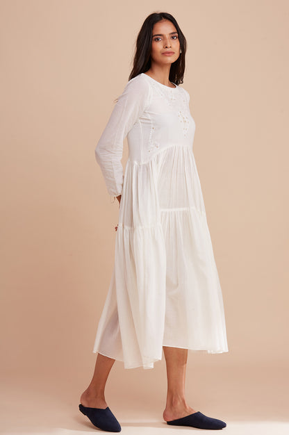 Ecru Gathered Round Neck Dress