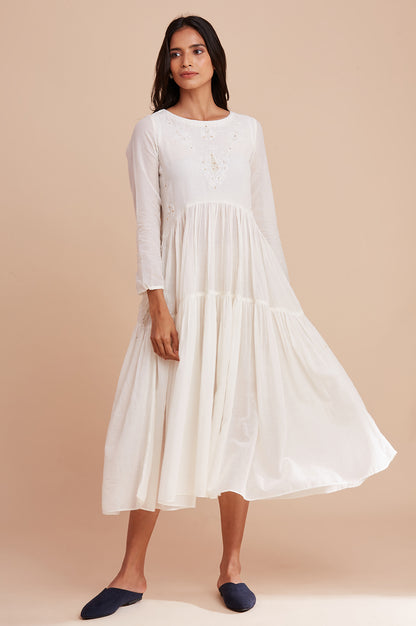 Ecru Gathered Round Neck Dress