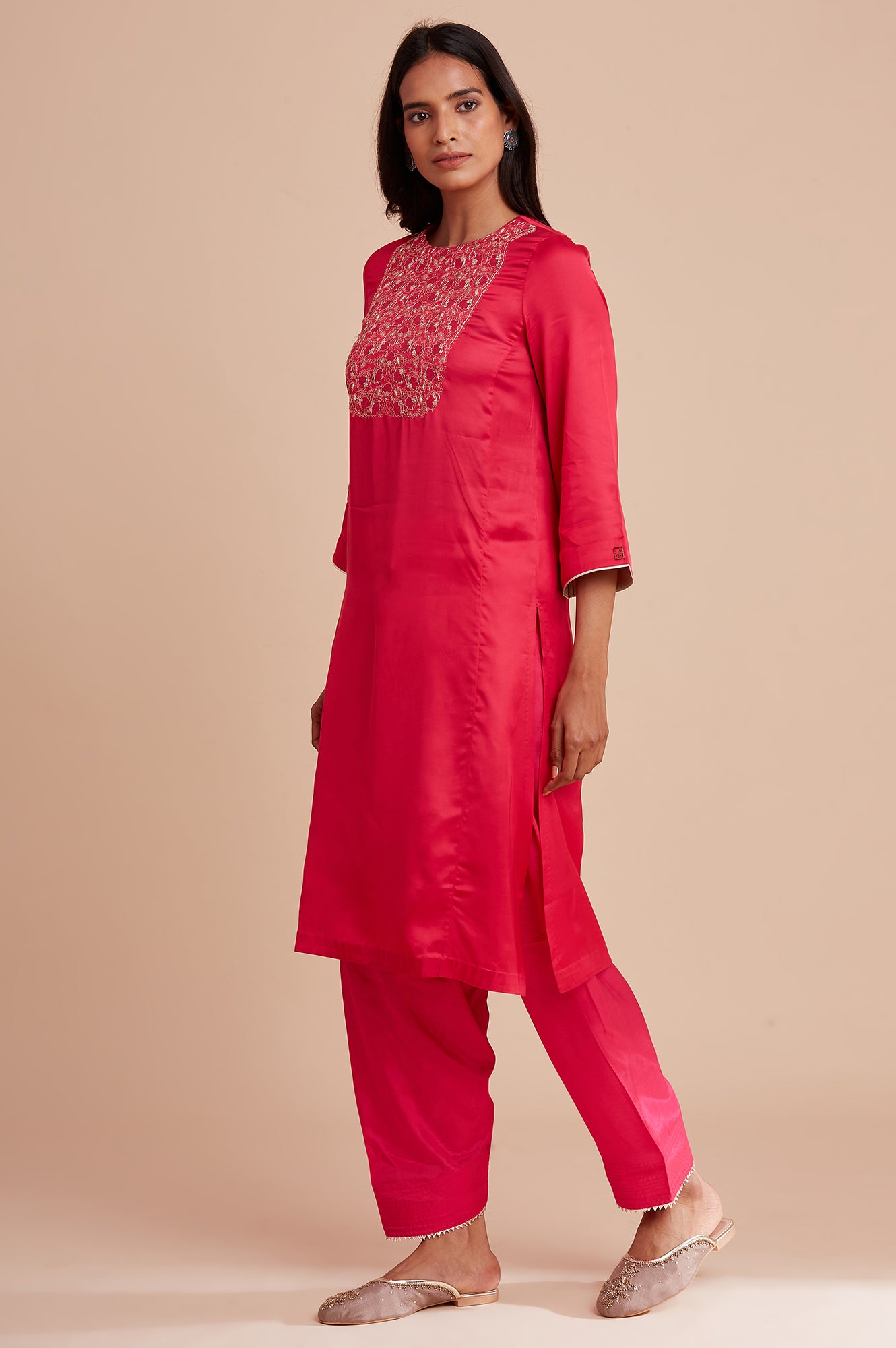 Pink Modal Satin Embroidered kurta