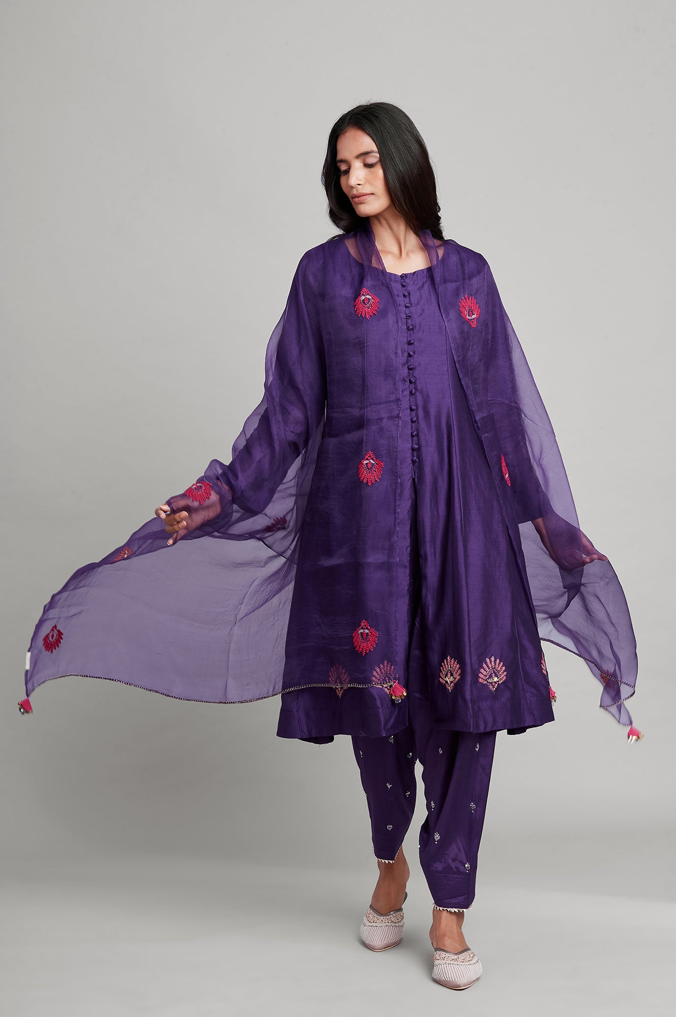 Purple Panelled Silk Chanderi kurta